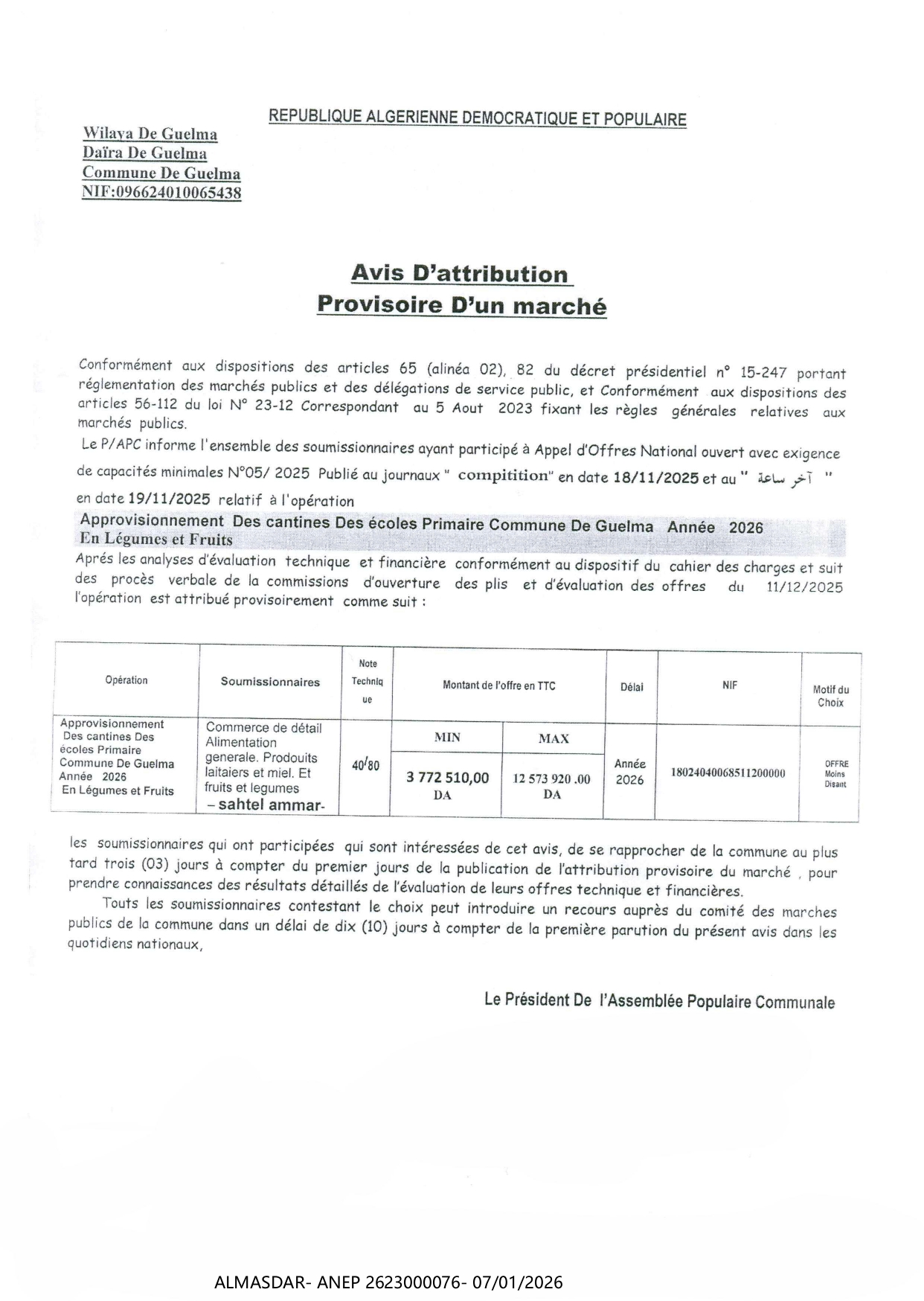 AVIS D'ATTRIBUTION PROVISOIRE D'UN MARCHE