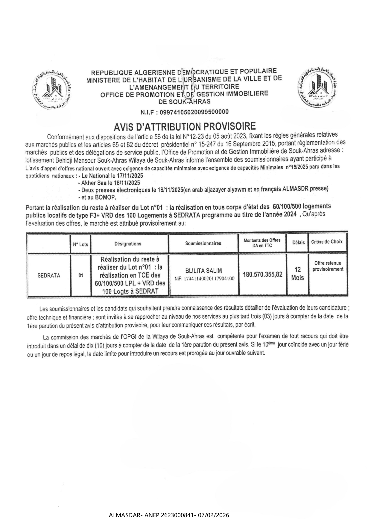 //AVIS D'ATTRIBUTION PROVISOIRE*/