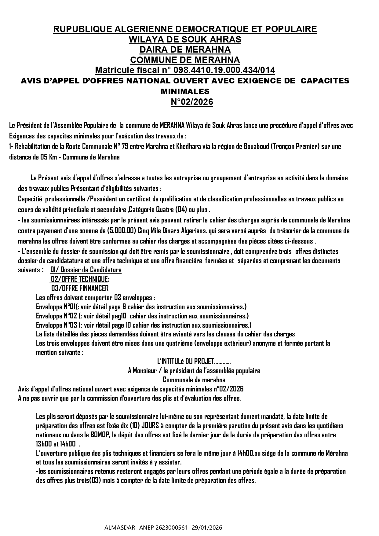 AVIS D’APPEL D’OFFRES NATIONAL OUVERT AVEC EXIGENCE DE  CAPACITES  MINIMALES N° 02 / 2026