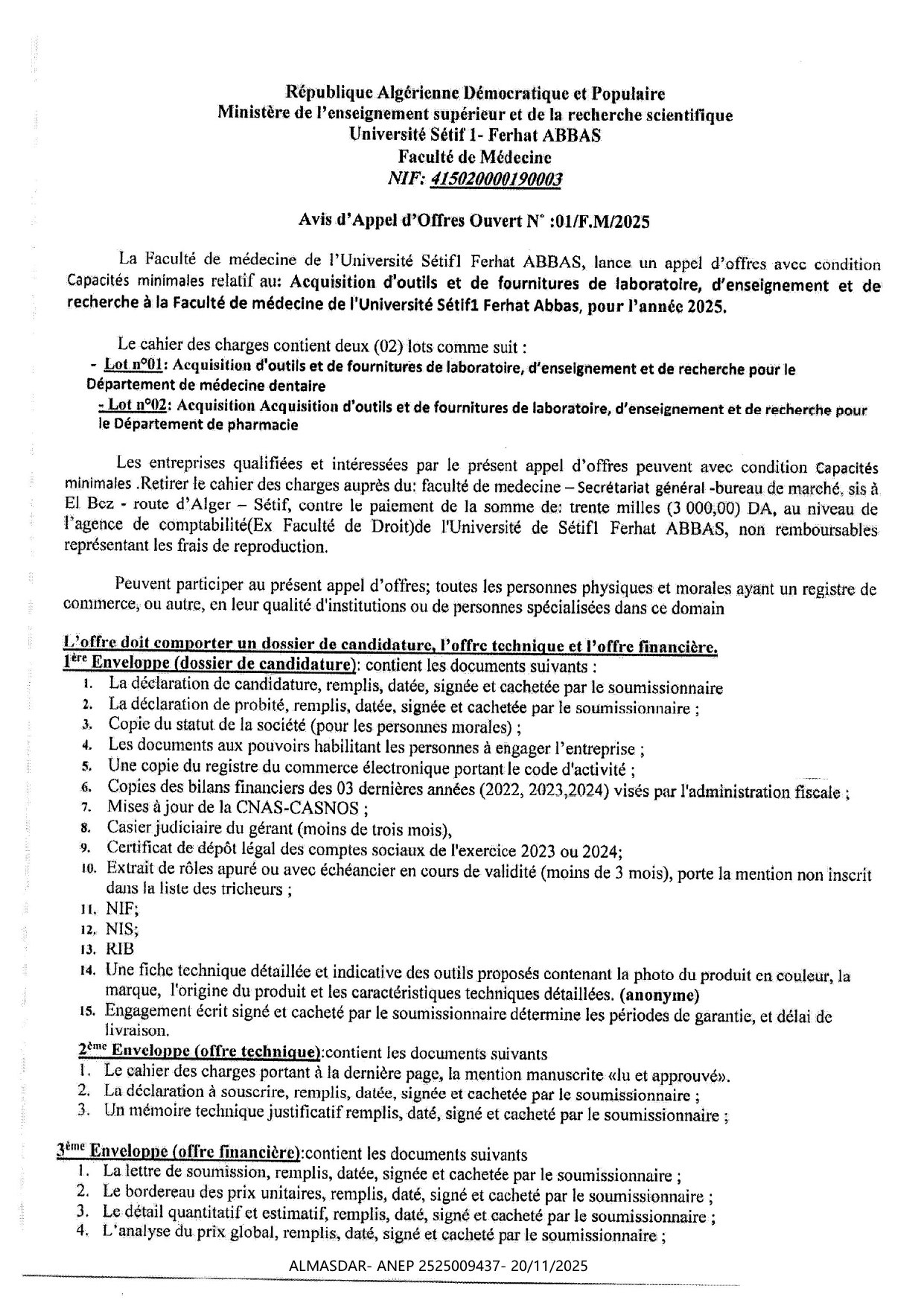 AVIS D'APPEL D'OFFRES OUVERT N 01/F.M/2025