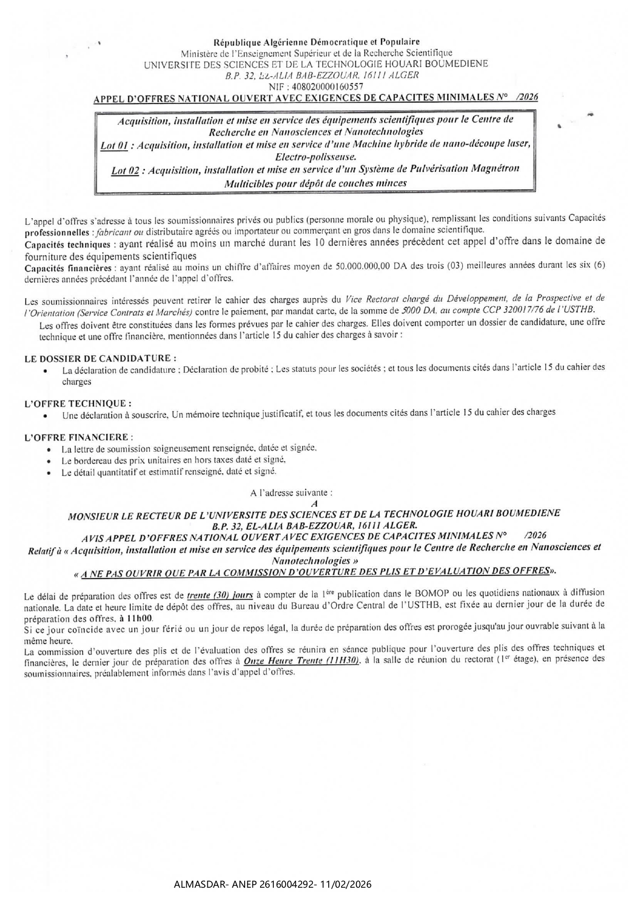 APPEL D'OFFRES NATIONAL OUVERT AVEC EXIGENCES  DE CAPACITES MINIMALES N°    Æ02