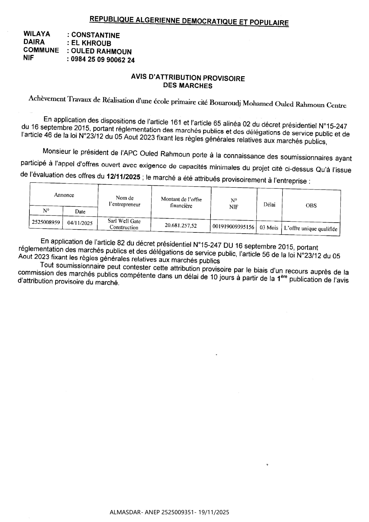 AVIS D'ATTRIBUTION PROVISOIRE DES MARCHES