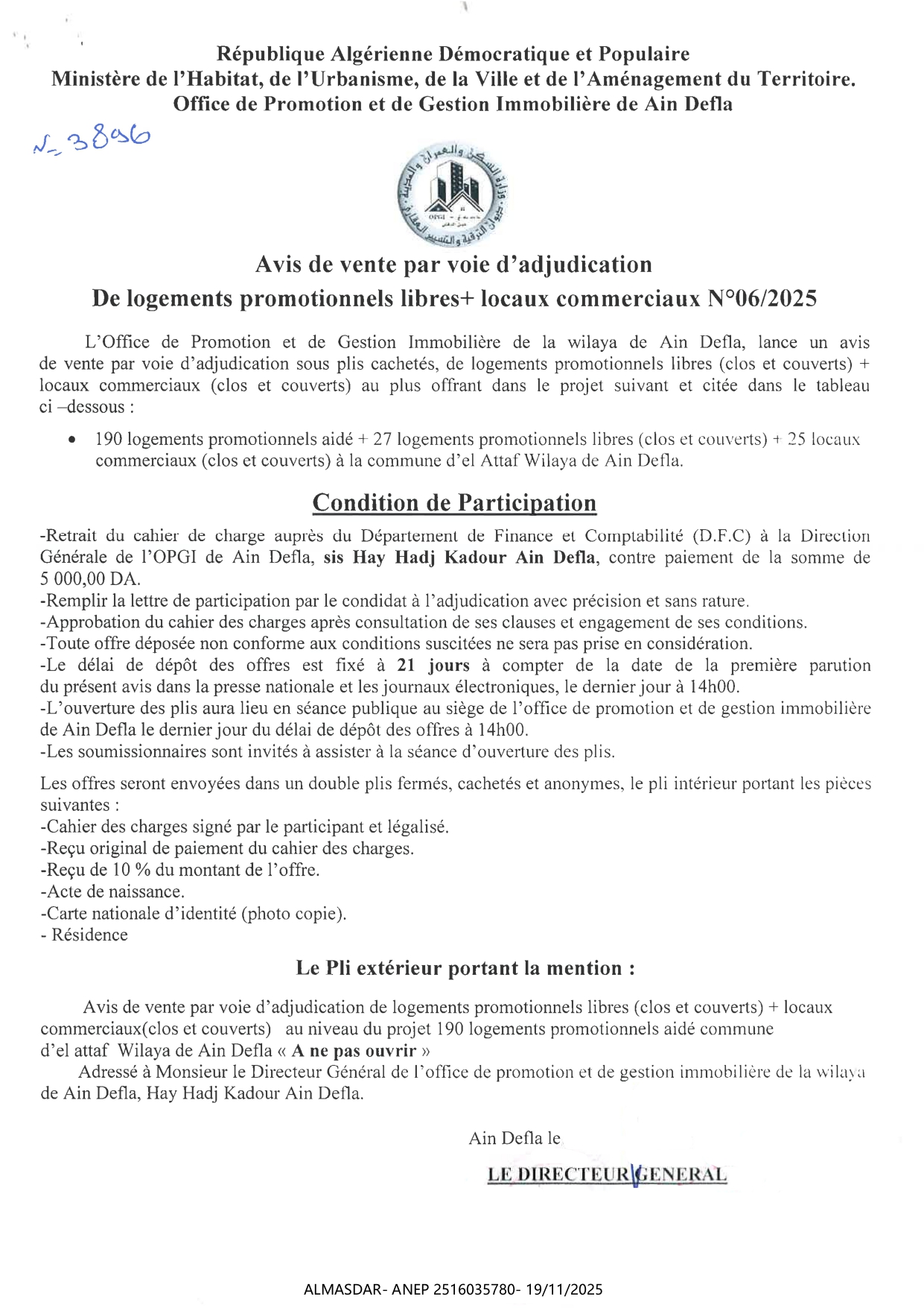 avis de vente par voie d'adjudication de logements promotionnels libres locaux commerciaux n 2025/06