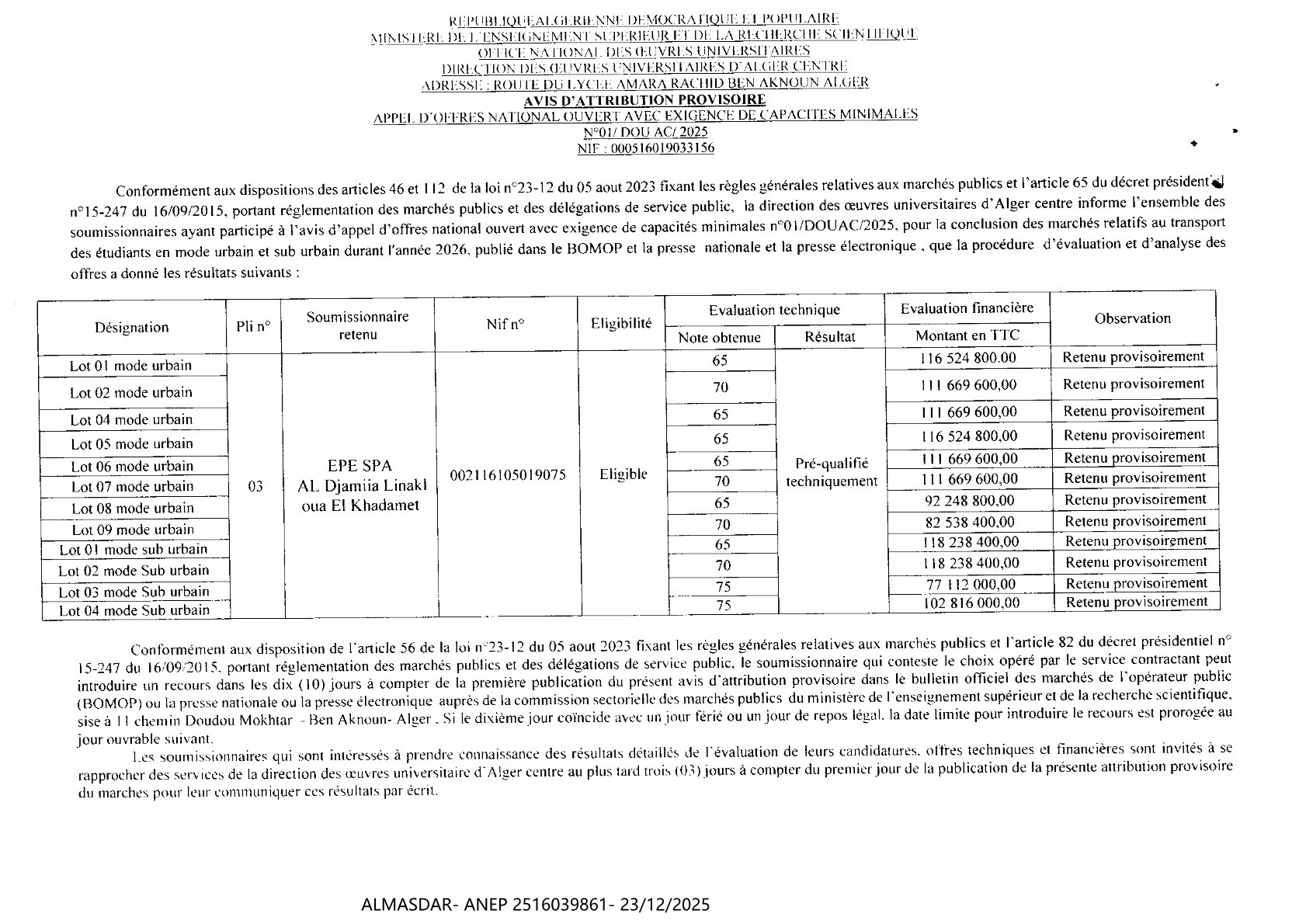 avis d'attribution provisoire ****
