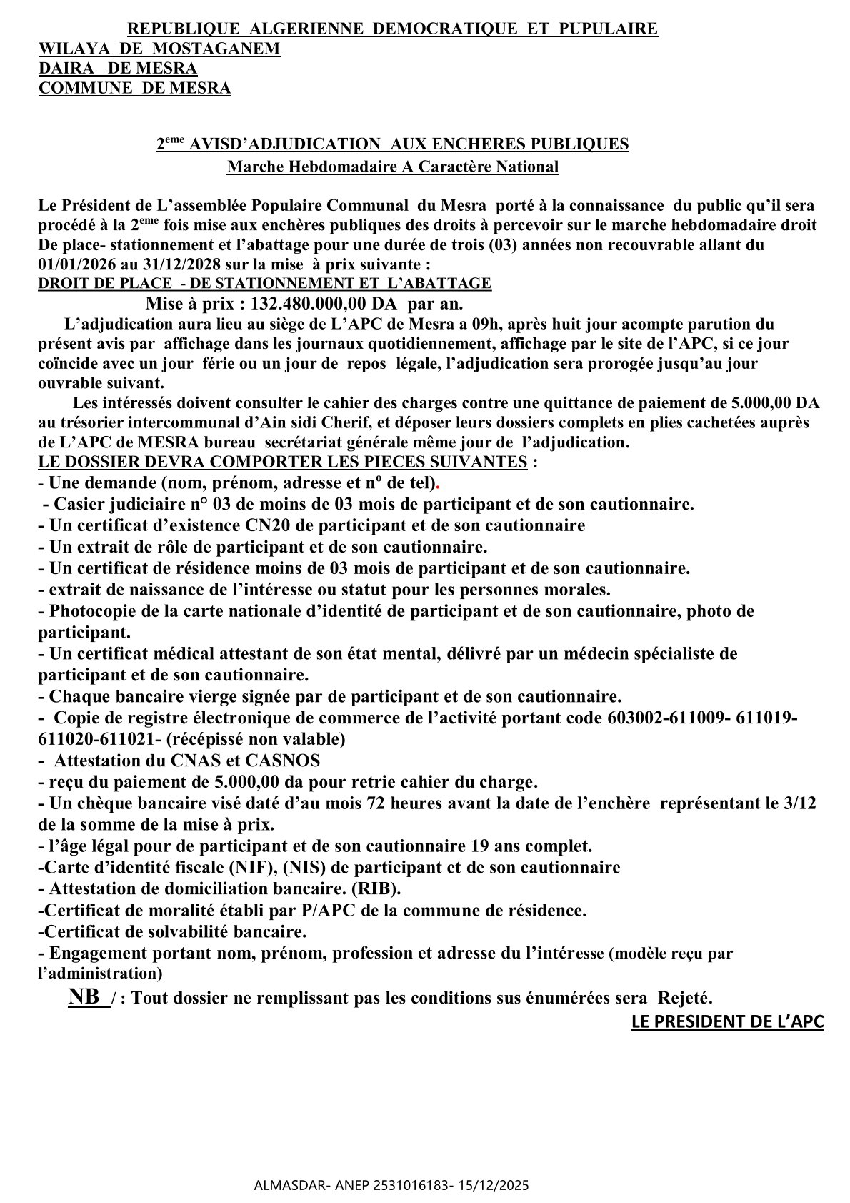 2 eme AVISD’ADJUDICATION  AUX ENCHERES PUBLIQUES   Marche Hebdomadaire A Caractère National 