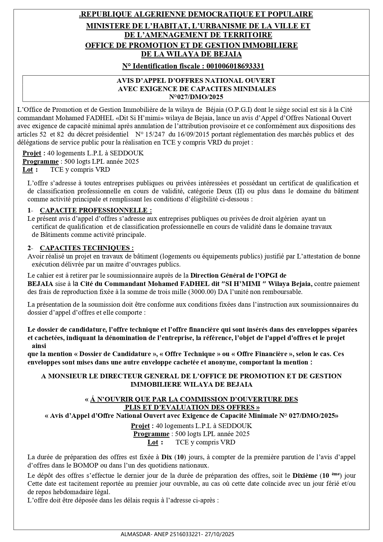 Avis d'appel d'offres national ouvertavec exigence de capacites minimales n 27/ DMO/2025