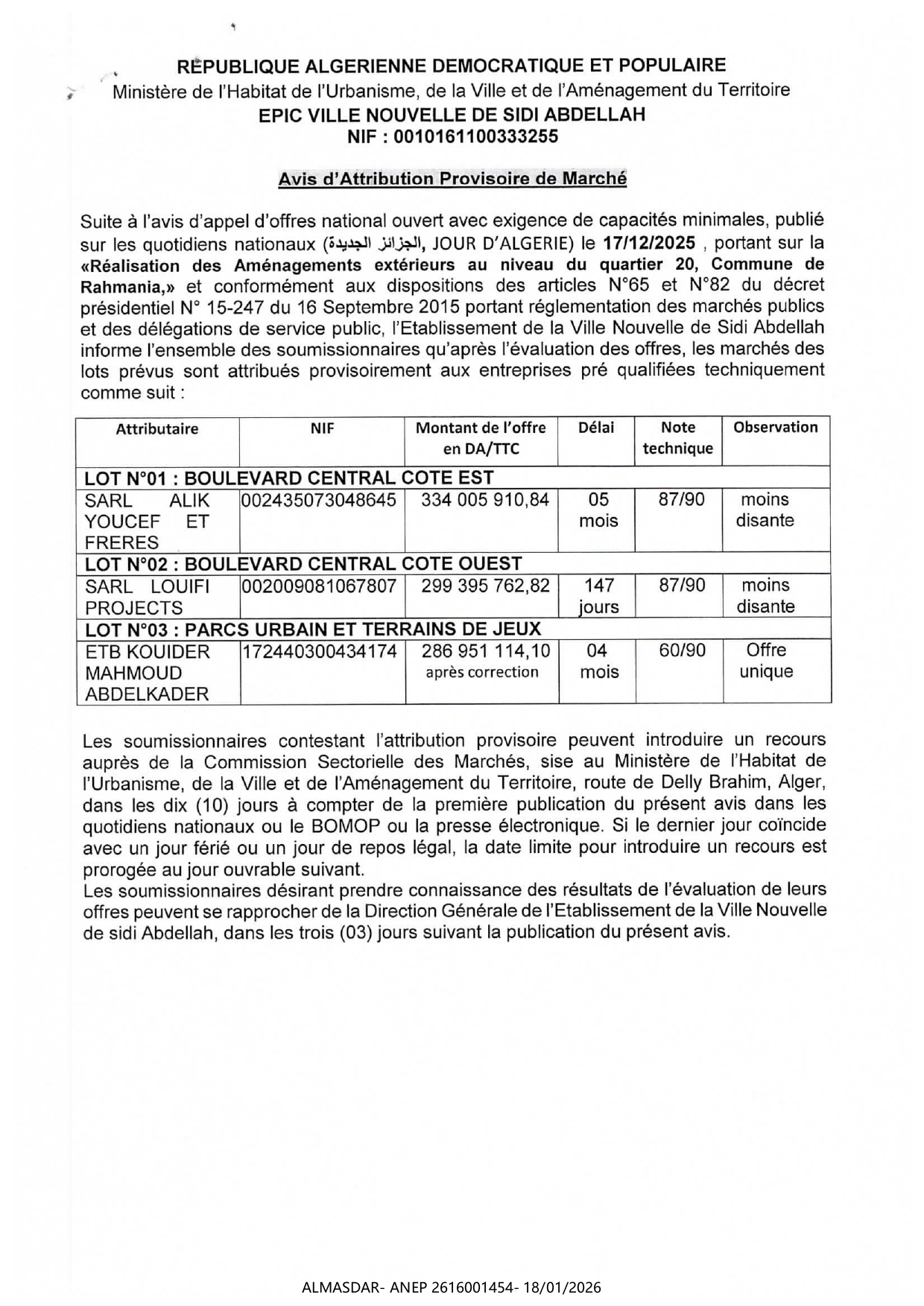 Avis d'Atti2ibution Provlsoire de Marché