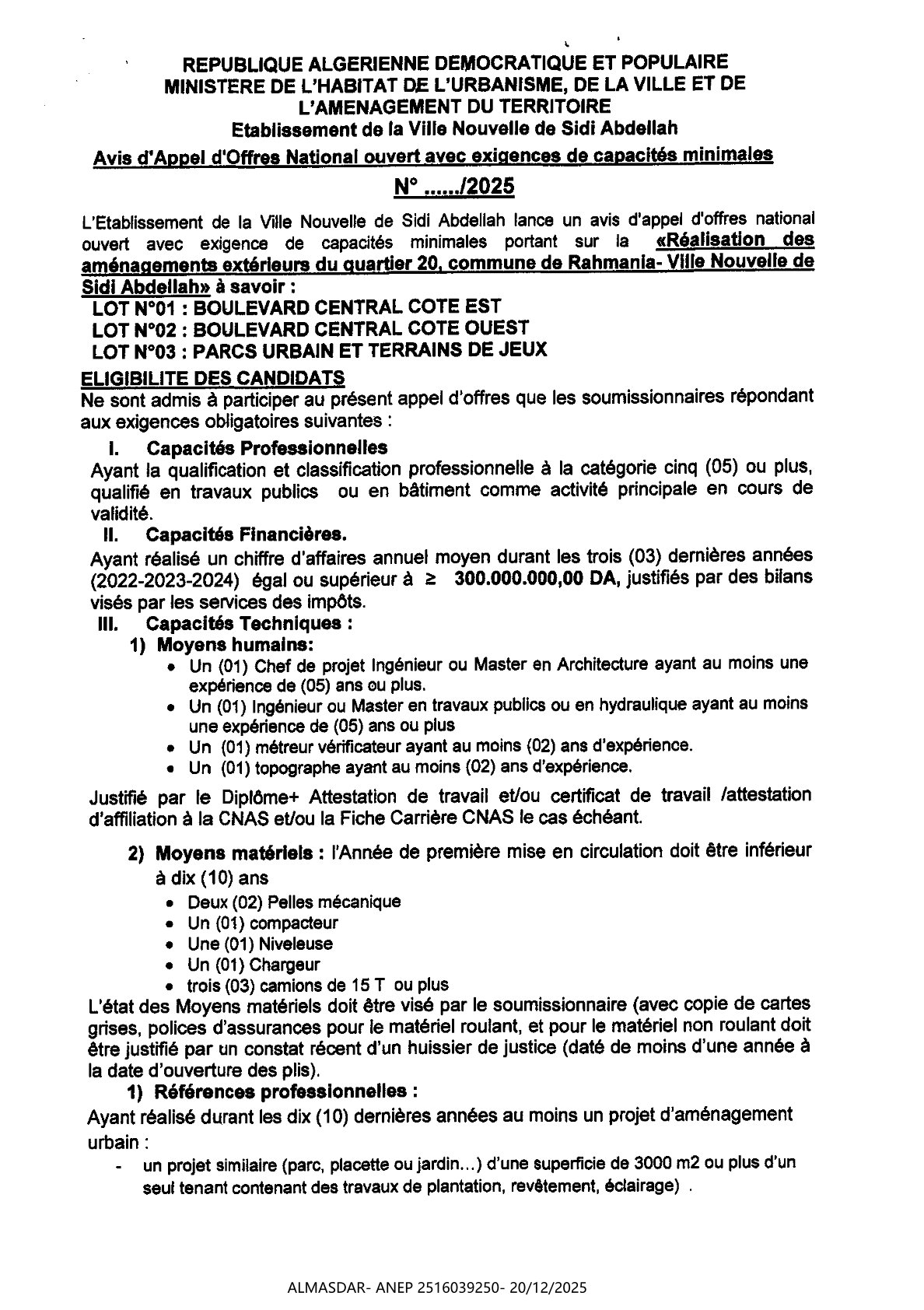 avis d'appel d'offre national ouvert avec exigences de capacités minimales