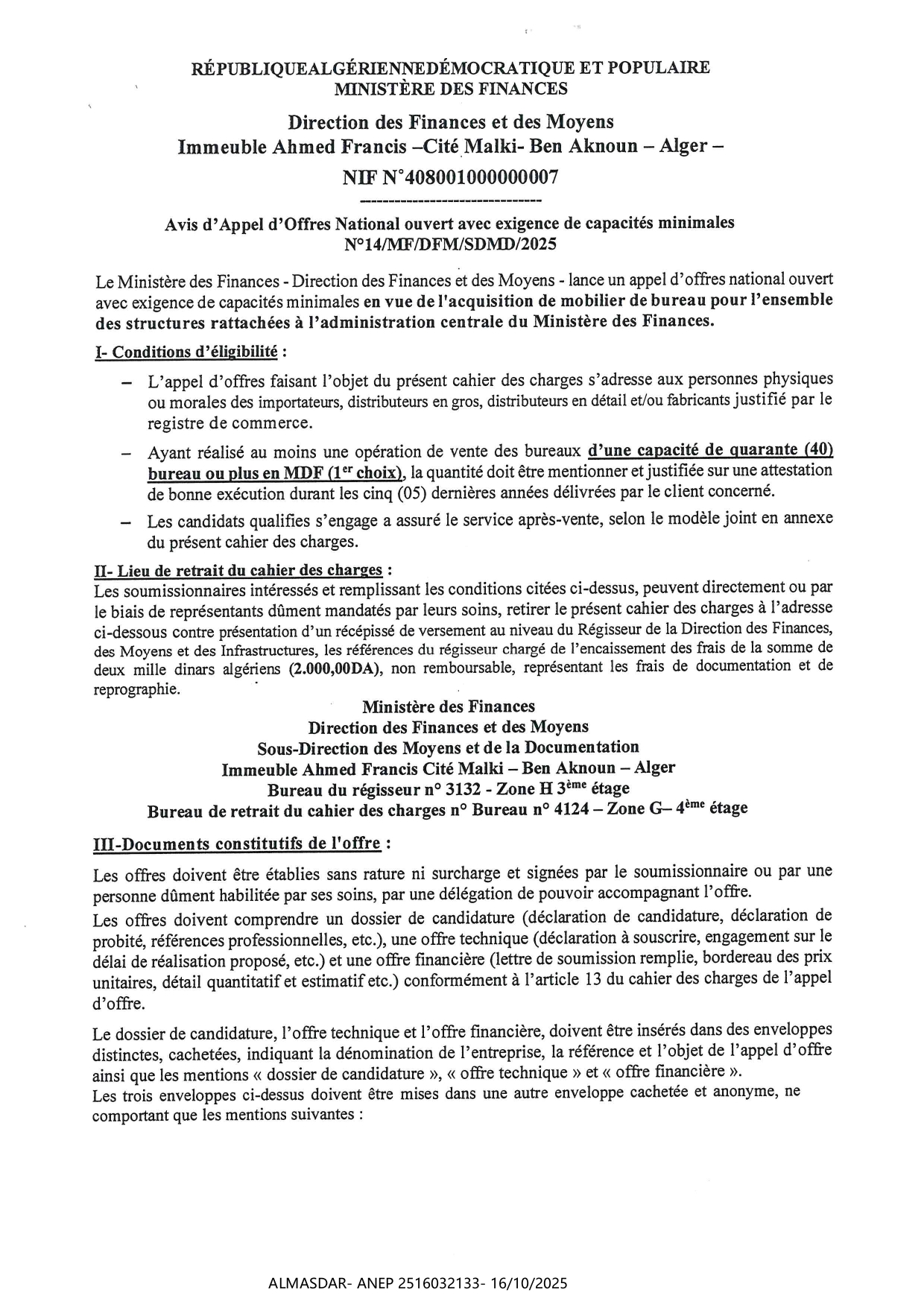 AVIS D'APPEL D'OFFRES NATIONAL OUVERT AVEC EXIGENCE DE CAPACITES MINIMALE N14/MF/DFM/SDMD/2025S