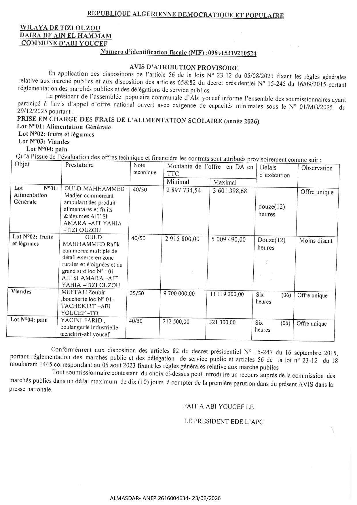 */AVIS D'ATTRIBUTION PROVISOIRE */*/