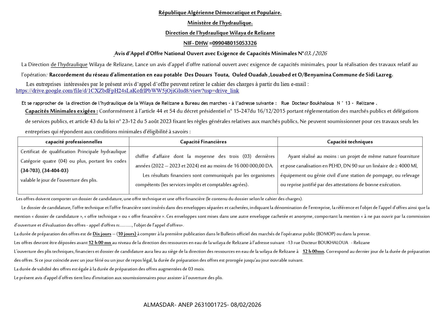 Avis d’Appel d’Offre National Ouvert avec Exigence de Capacités Minimales N°03. /2026