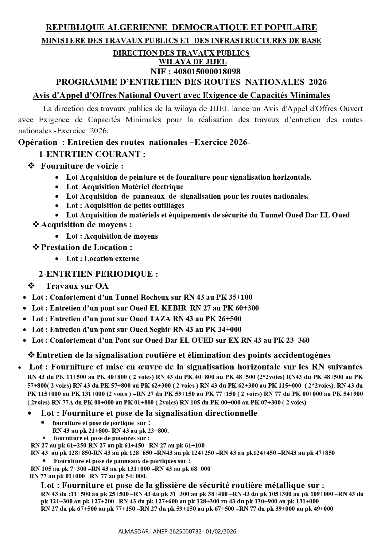 Avis d'Appel d'Offres National Ouvert avec Exigence de Capacités Minimales /*