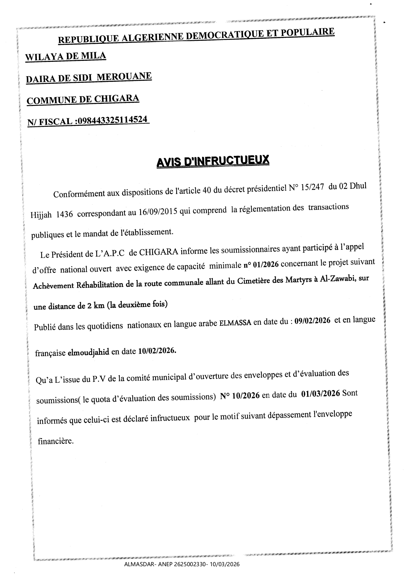 AVIS D'INFRUCTUEUX*/*/