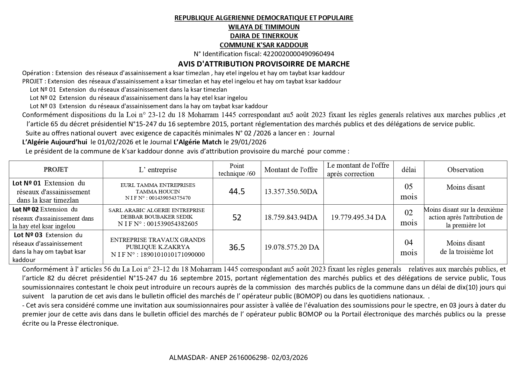 AVIS D'ATTRIBUTION PROVISOIRRE DE MARCHE 