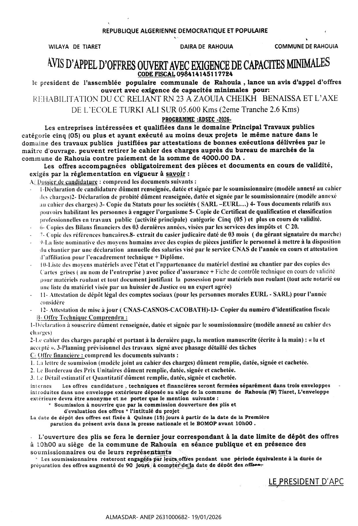 **AVIS D'APPEL D'OFFRES OUVERT AVEC EXIGENCE DE CAPACITES MINIMALES 