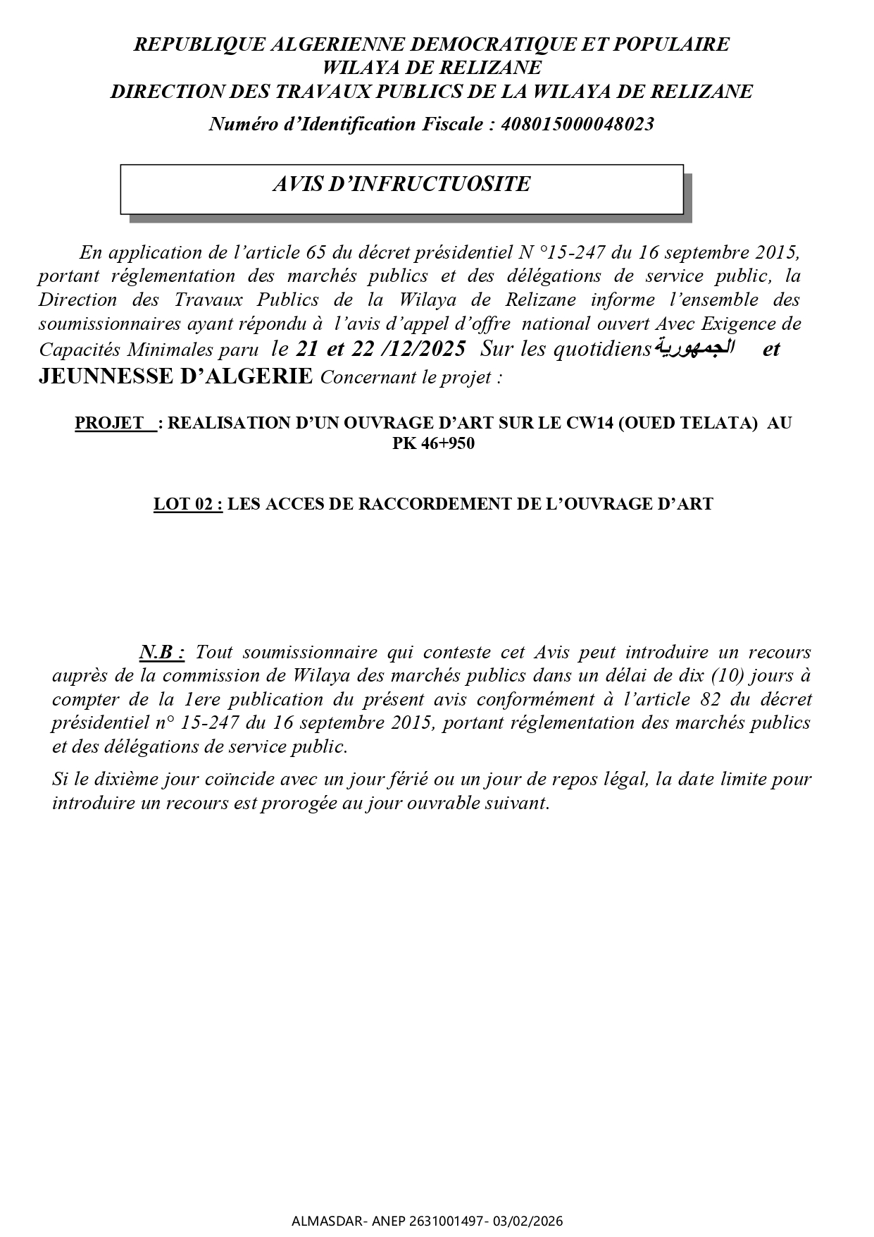 AVIS D’INFRUCTUOSITE /*/