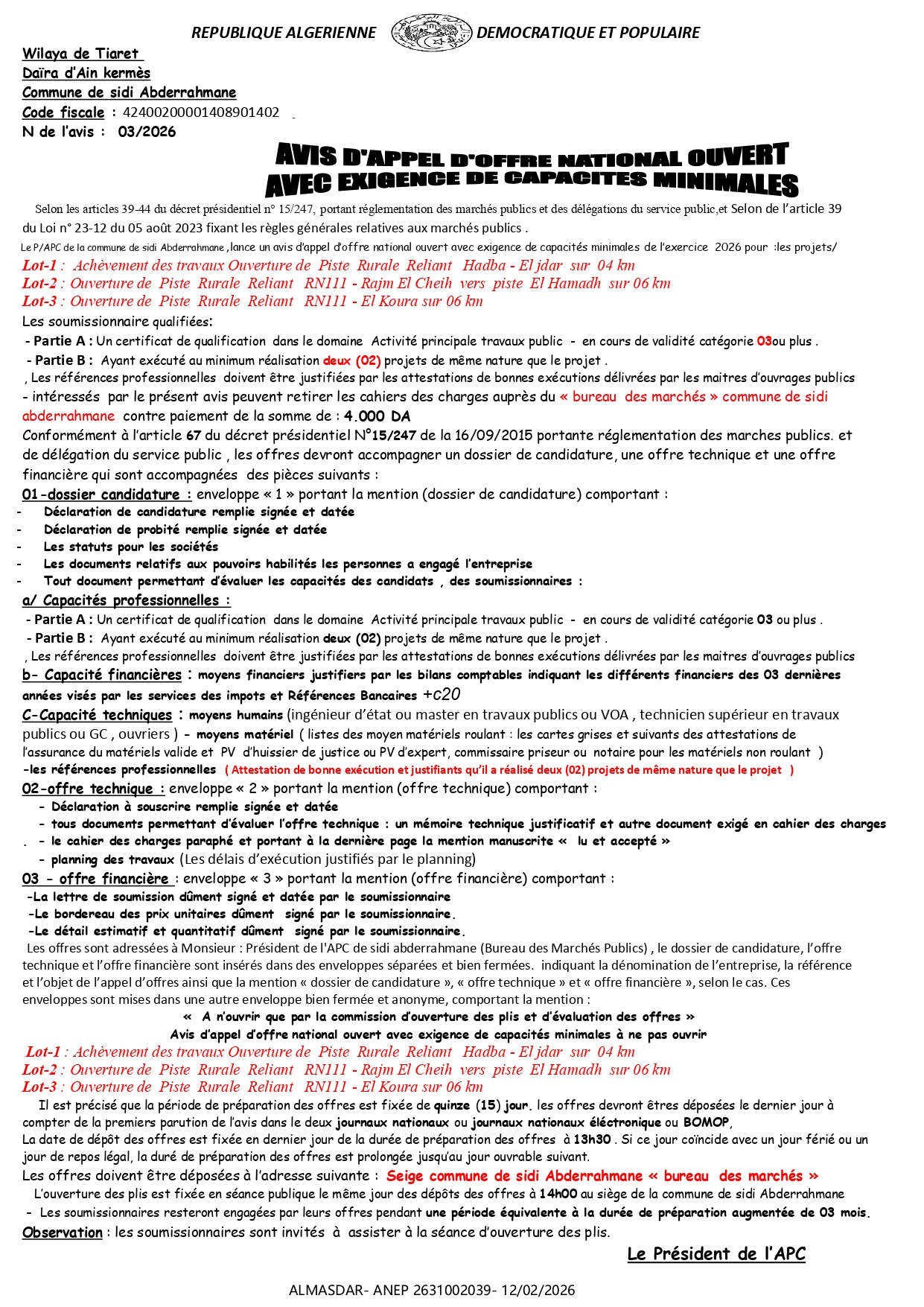 AVIS D'APPEL D'OFFRE NATIONAL OUVERT AVEC EXIGENCE DE CAPACITE MINIMALE /////*****