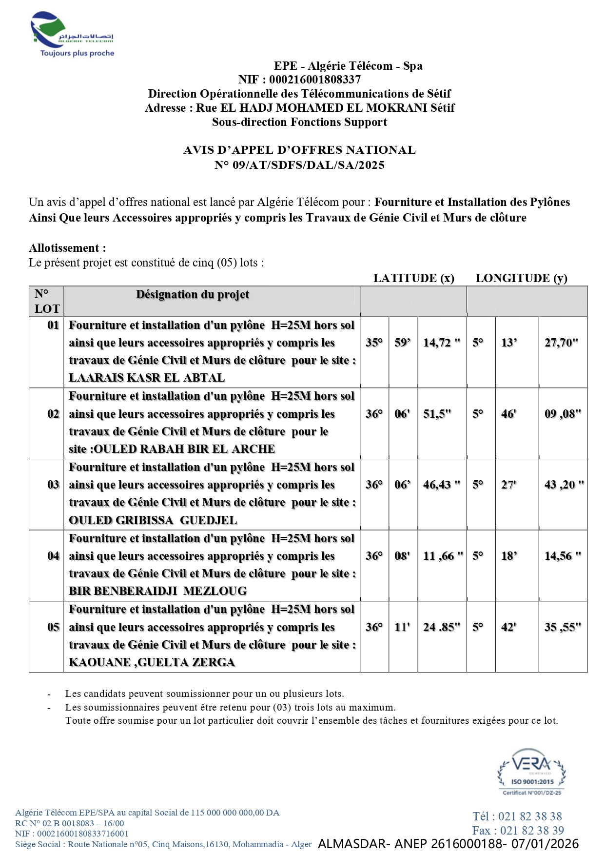 AVIS D’APPEL D’OFFRES NATIONAL   N° 09/AT/SDFS/DAL/SA/2025 