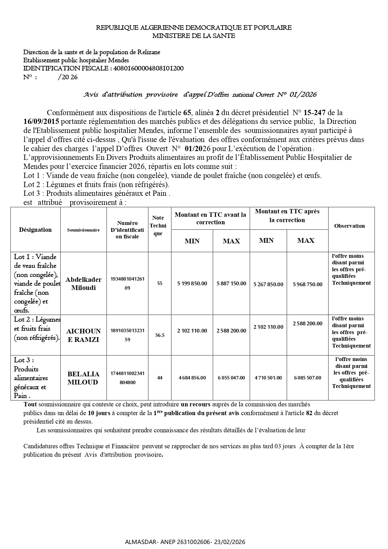      Avis  d'attribution  provisoire   d’appel D’offres  national Ouvert  N°  01/2026 