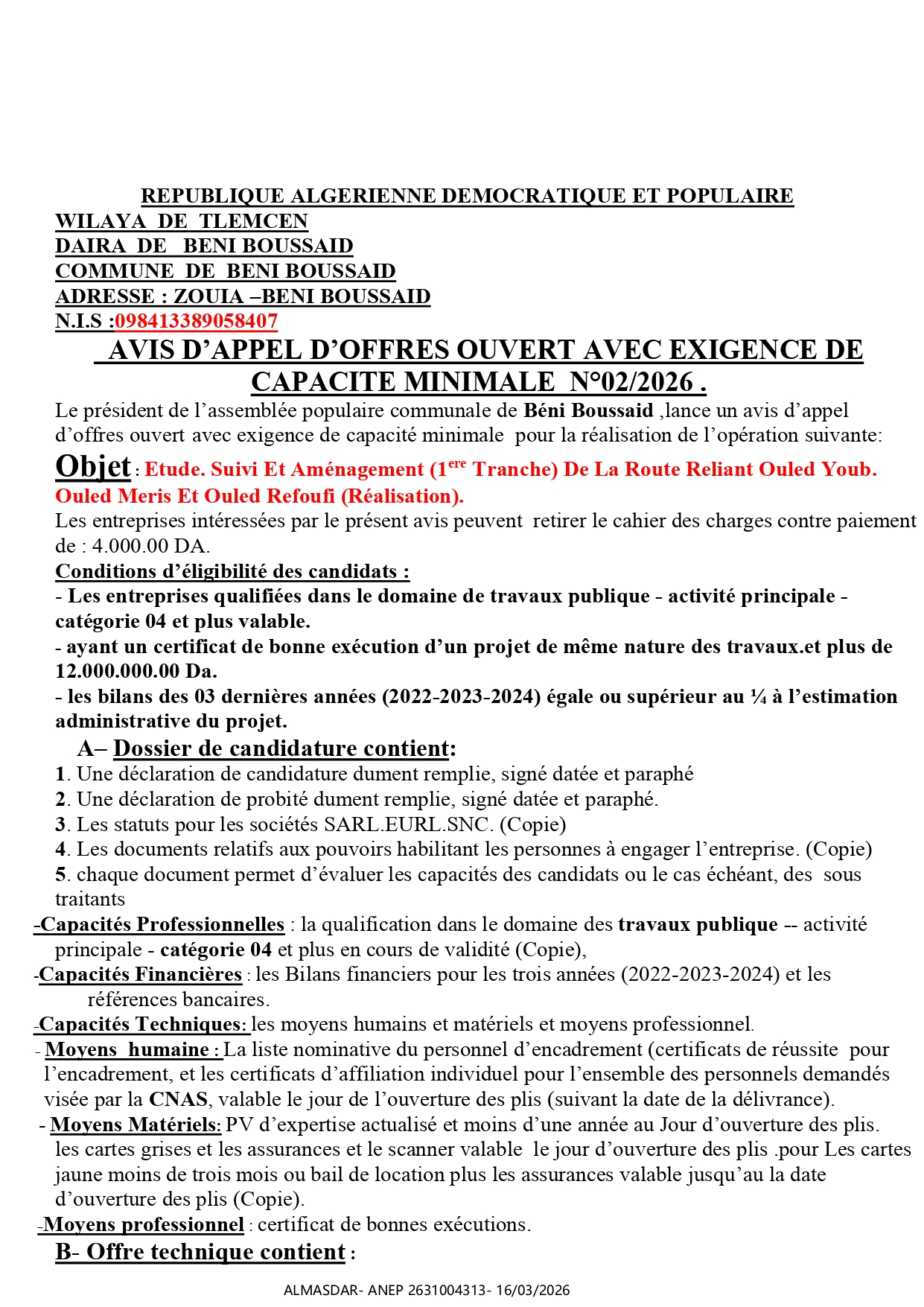 AVIS D’APPEL D’OFFRES OUVERT AVEC EXIGENCE DE  CAPACITE MINIMALE  N°02/2026 