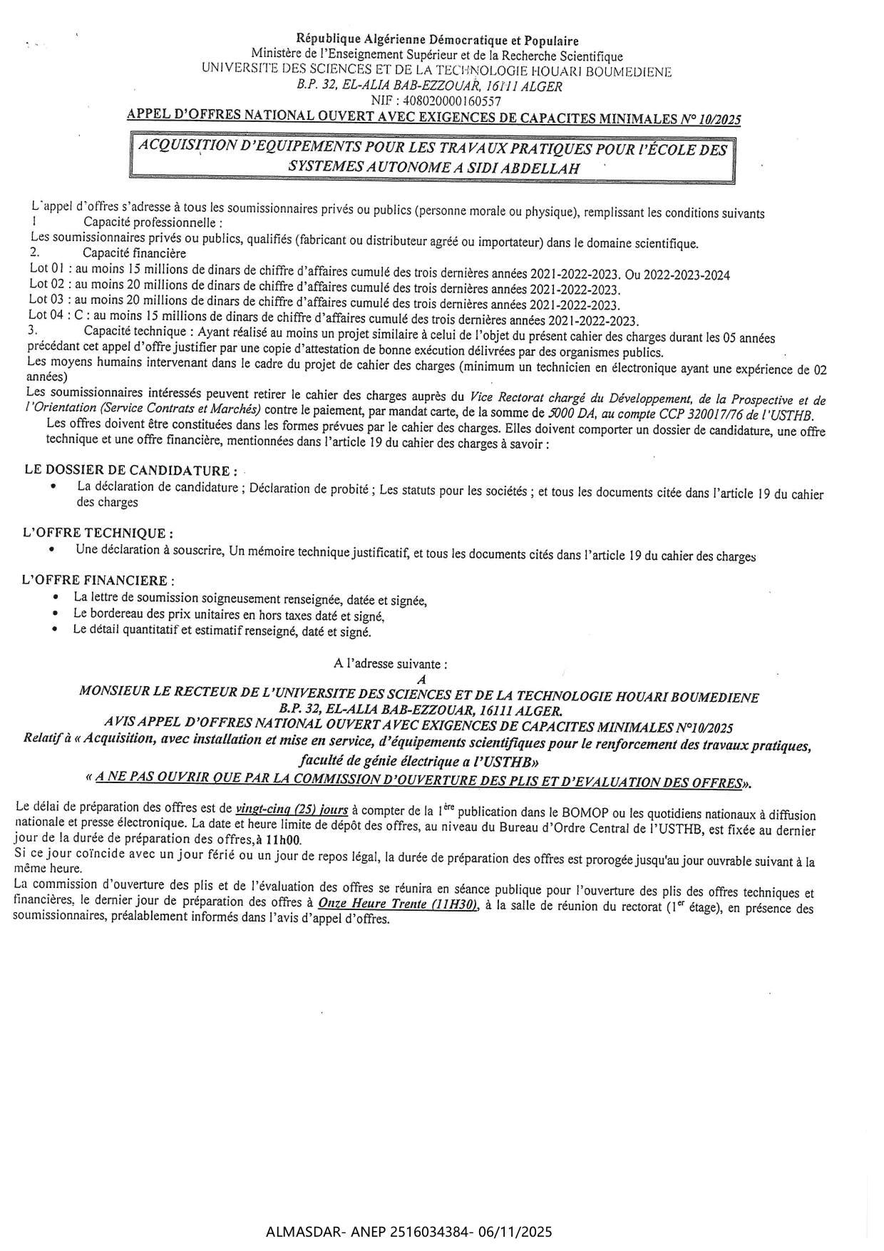 APPEL D'OFFRES NATIONAL OUVERT AVEC EXIGENCES DE CAPACITES MINIMALES N 2025/100