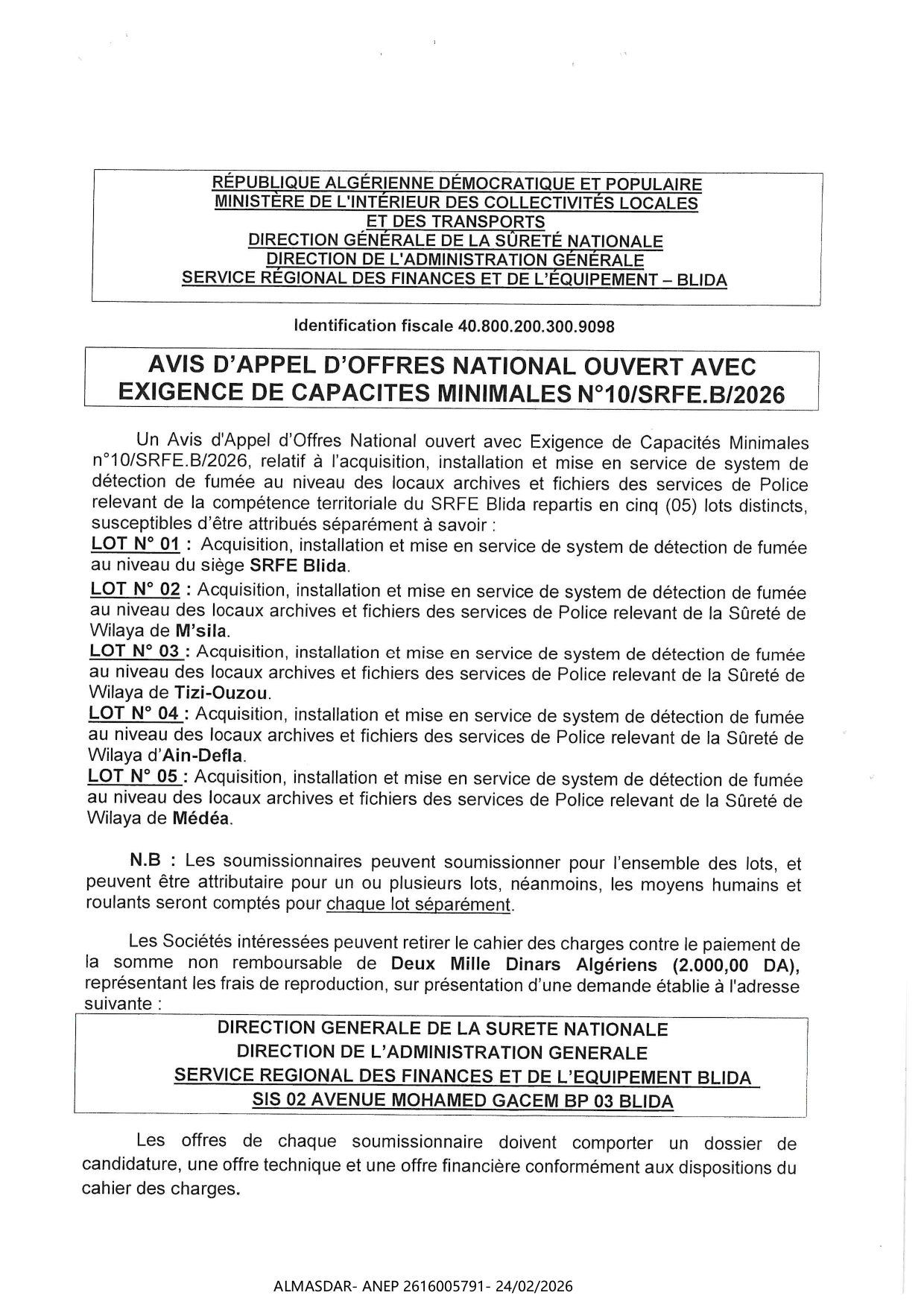 AVIS D'APPEL D'OFFRES NATIONAL OUVERT AVEC EXIGENCE DE CAPACITES MINIMALES N 10/2026