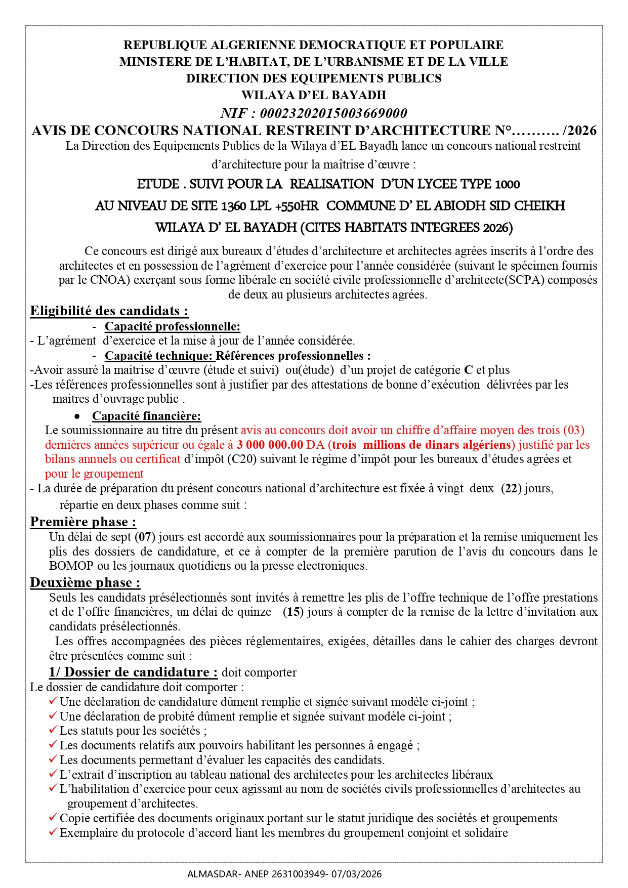 AVIS DE CONCOURS NATIONAL RESTREINT D’ARCHITECTURE N°………. / 6 202