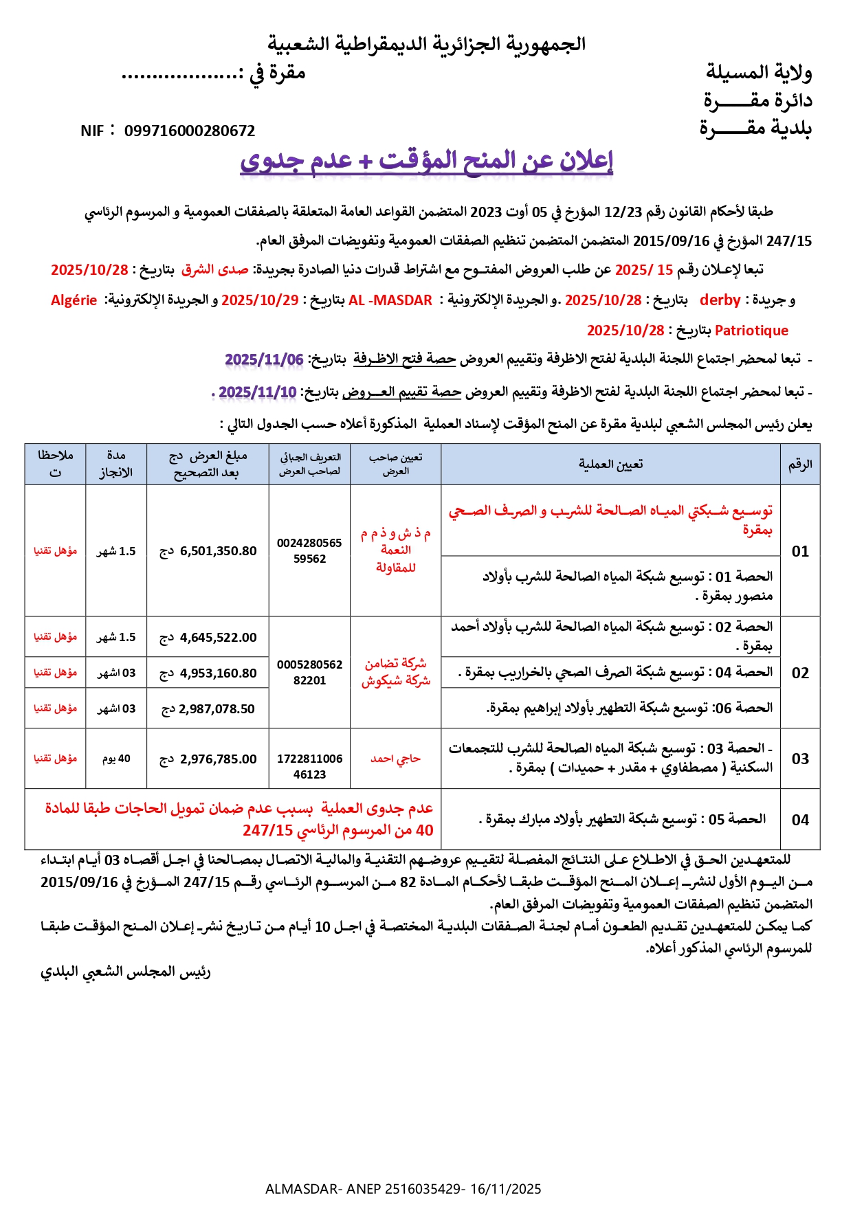اعلان عن المنح المؤقت   عدم جدوى