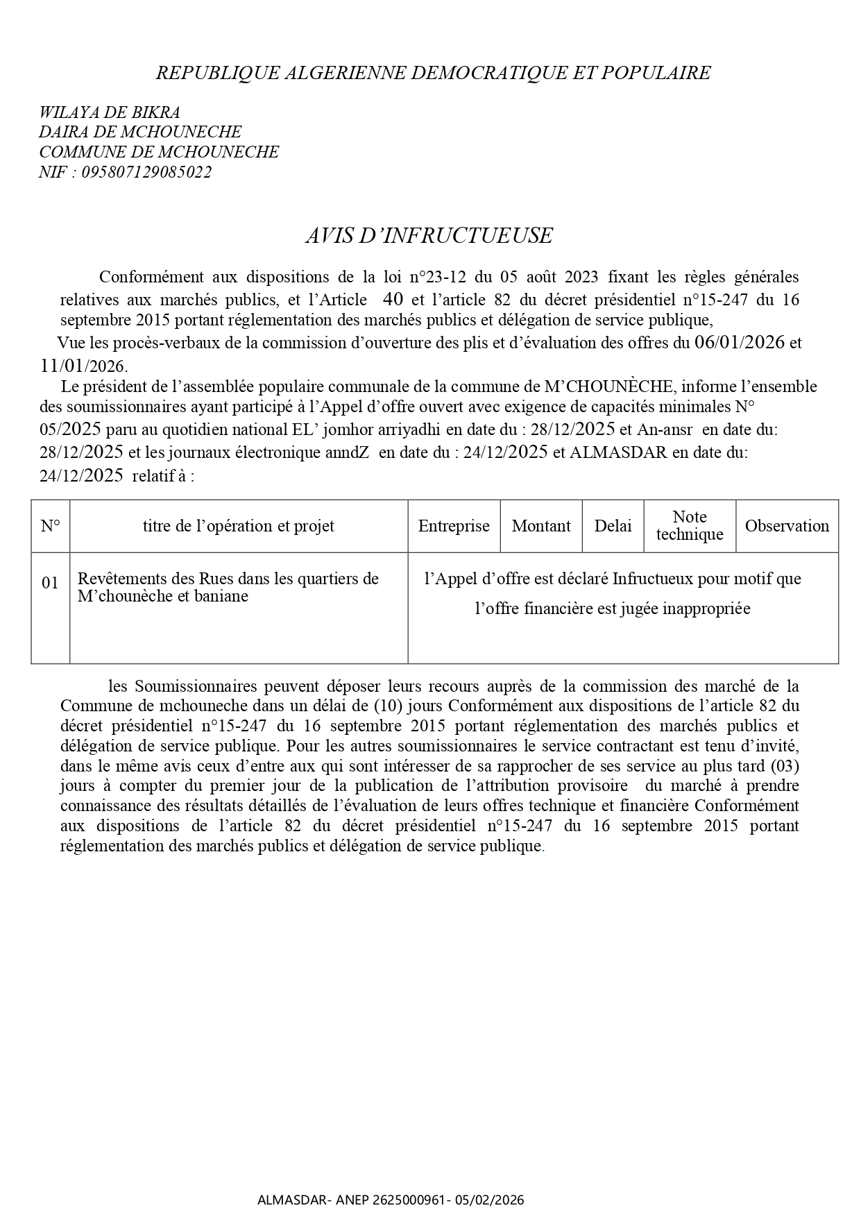 AVIS D ’INFRUCTUEUSE//**