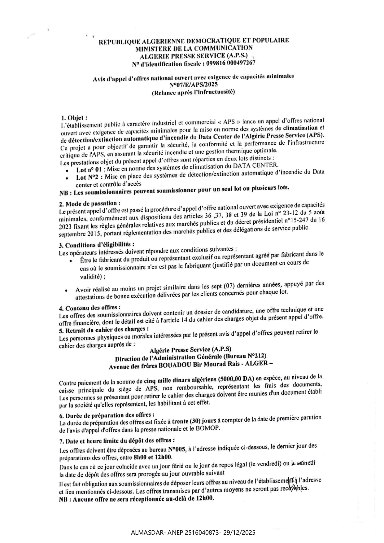 avis d'appel d'offres national avec exigence de capacites minimales n 07/2025