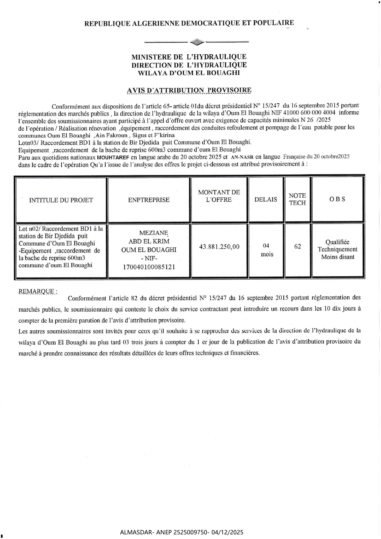 AVIS D'ATTRIBUTION PROVISOIRE*