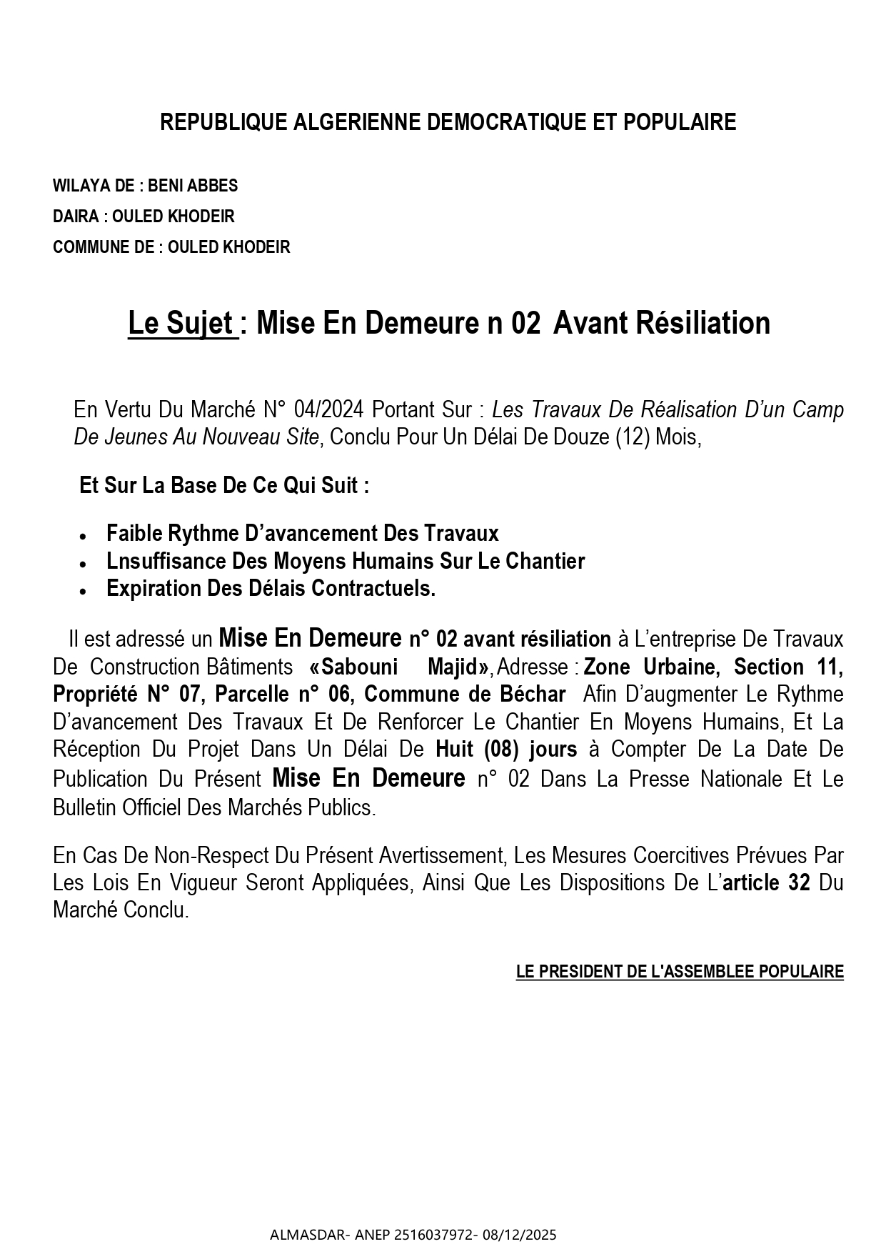 MISE EN DEMEURE N 02 AVANT RESILIATION 