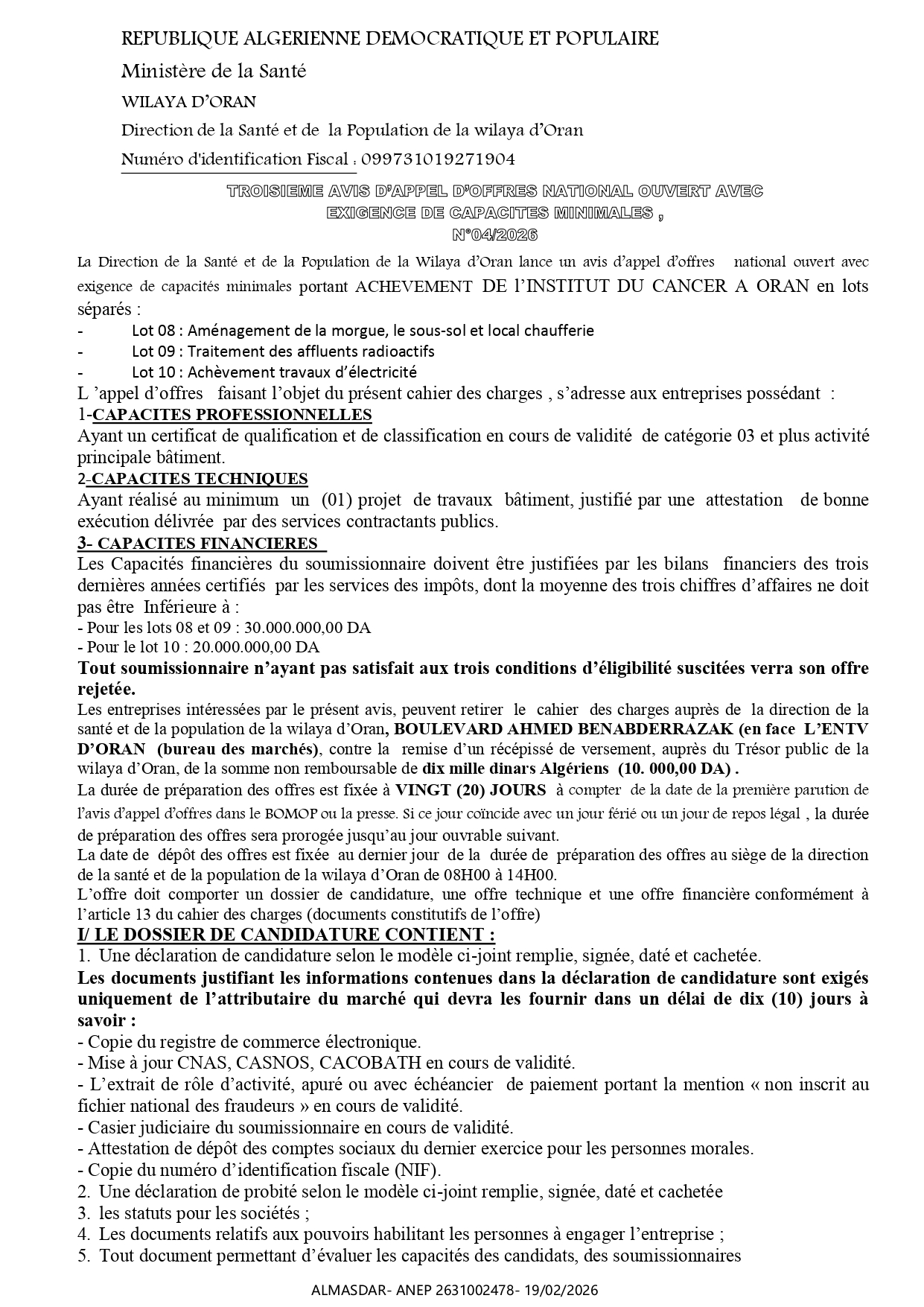 TROISIEME AVIS D'APPEL D'OFFRE NATIONAL OUVERT AVEC EXIGENCE DE CAPACITES MINIMALES N 04/2026