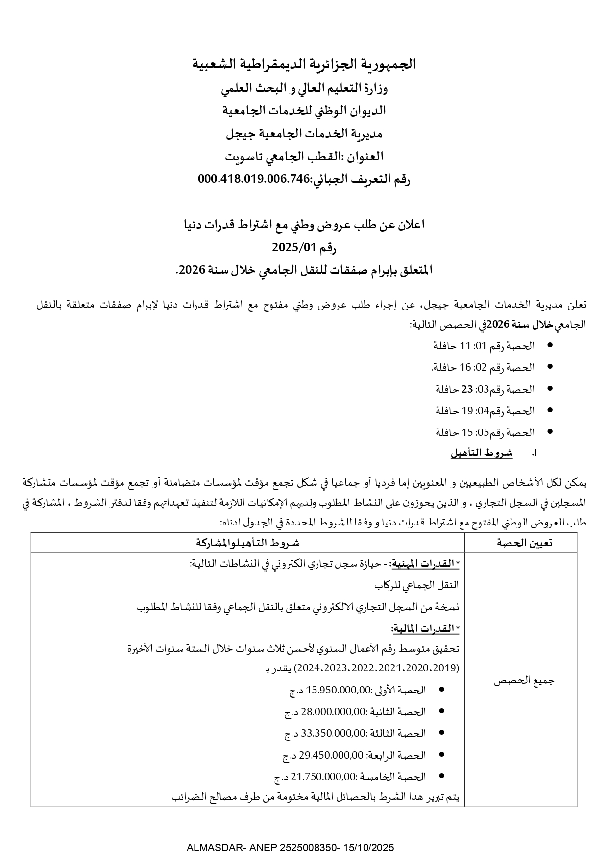 اعلان عن طلب عروض وطني مع اشتراط قدرات دنيا رقم 01/2025