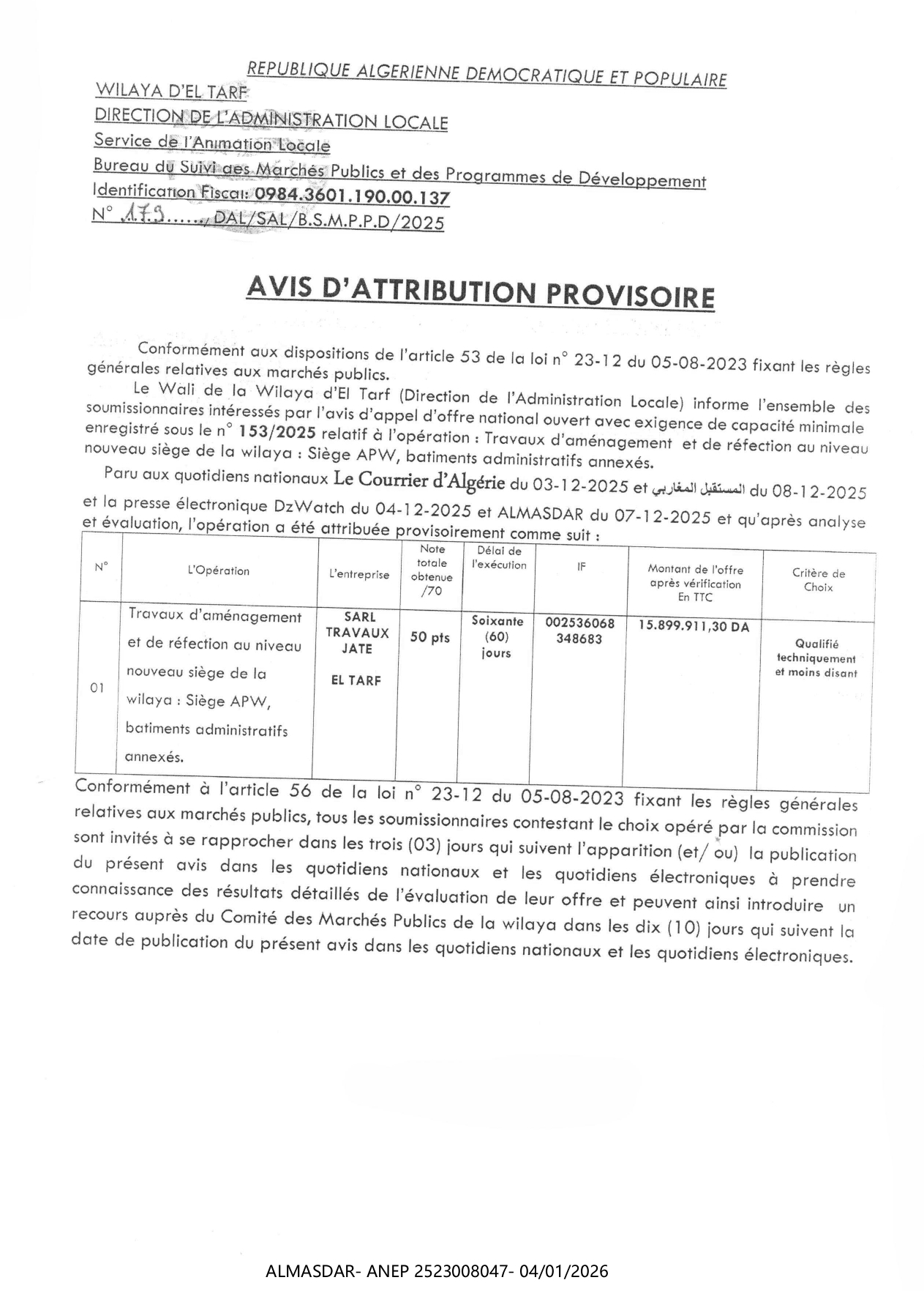 AVIS D'ATTRIBUTION PROVISOIRE*/*