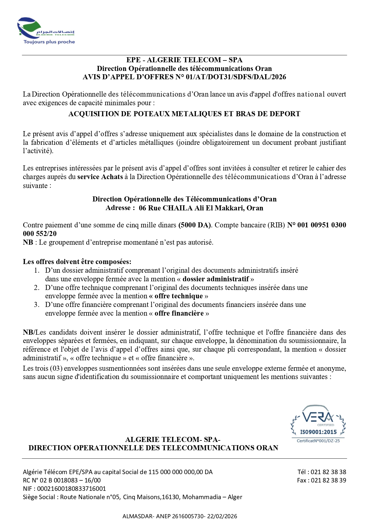 AVIS D’APPEL D’OFFRES N° 01/AT/DOT31/SDFS/DAL/2026  