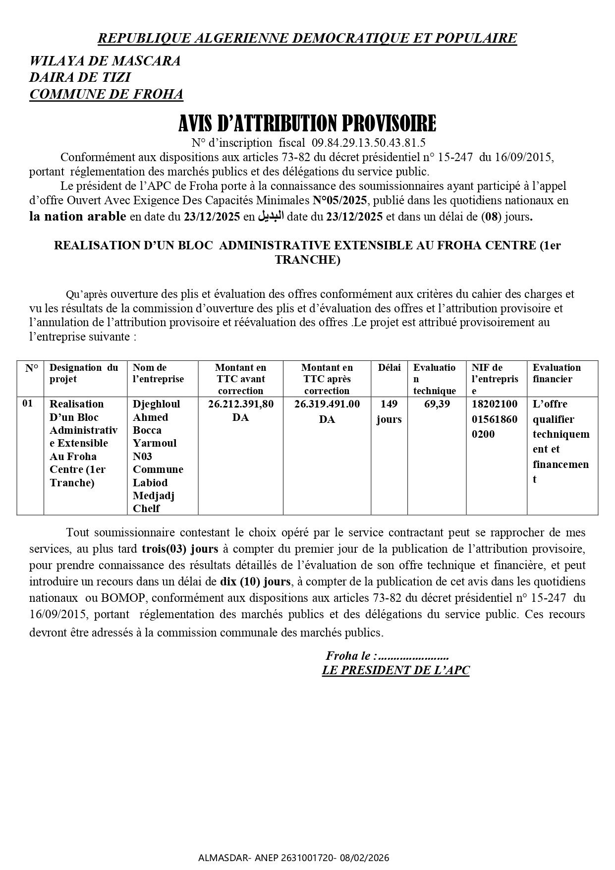 AVIS D’ATTRIBUTION PROVISOIRE /*/