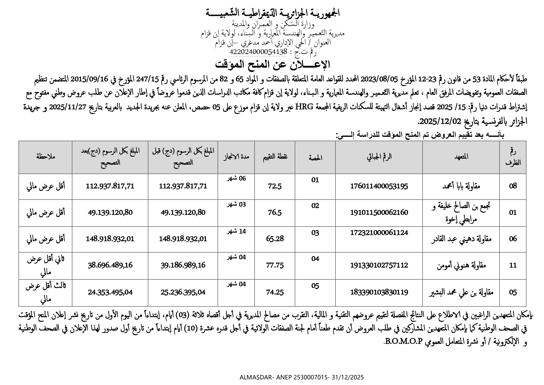 الاعلان عن المنح المؤقت