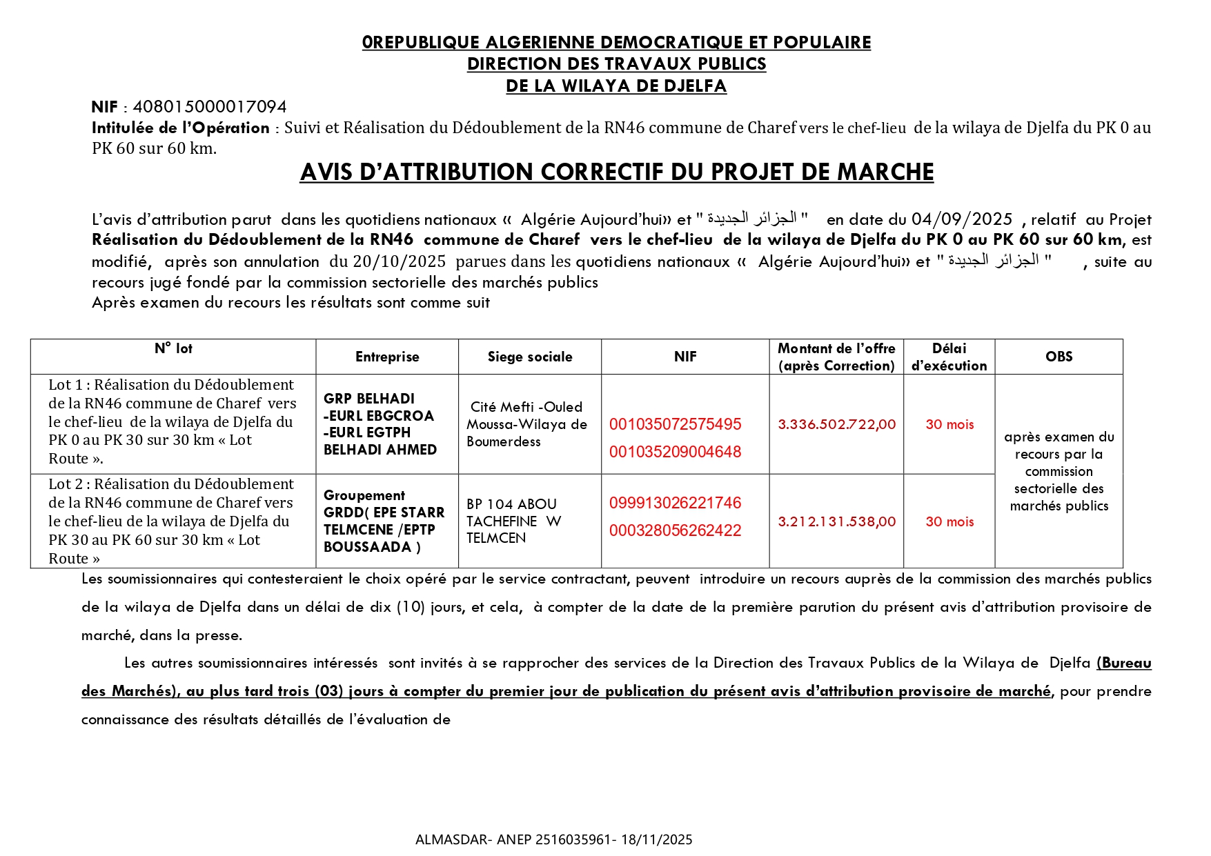 AVIS D’ATTRIBUTION CORRECTIF DU PROJET DE MARCHE  