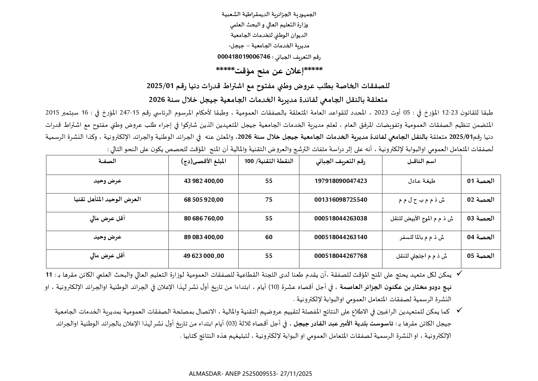 **اعلان عن منح مؤقت**