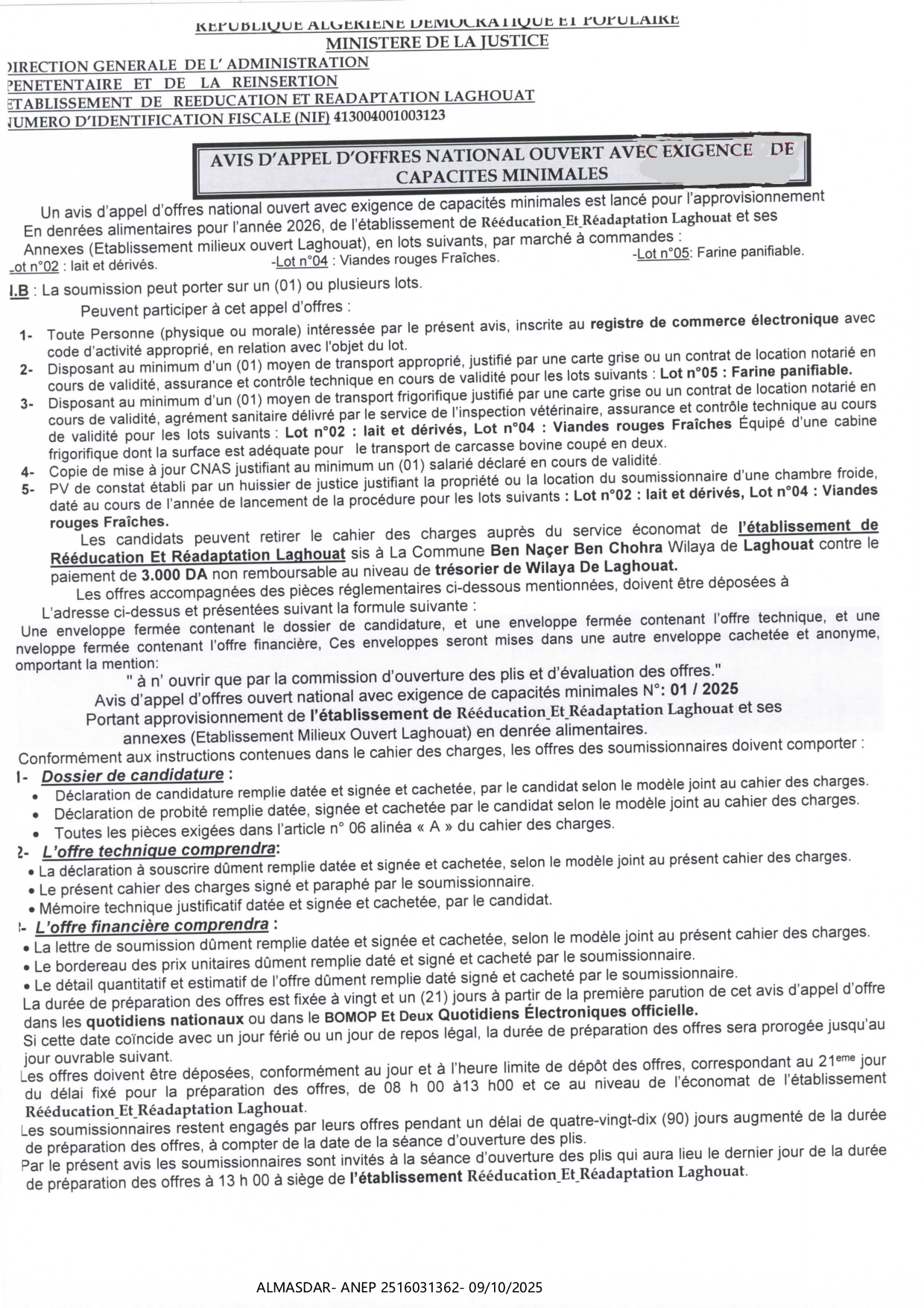 AVIS D'APPEL D'OFFRE NATIONAL OUVERT AVEC EXIGENCE DE CAPACITES MINIMALES