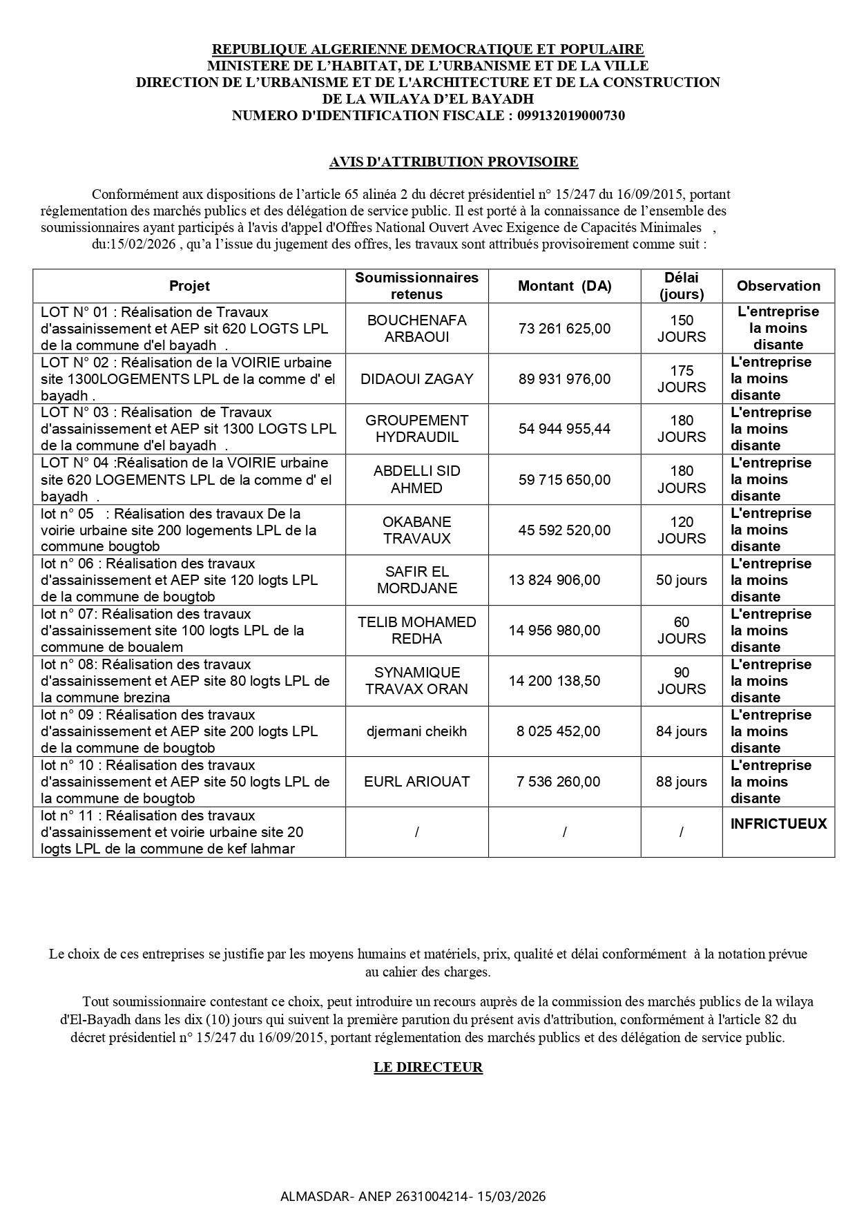AVIS D'ATTRIBUTION PROVISOIRE ******