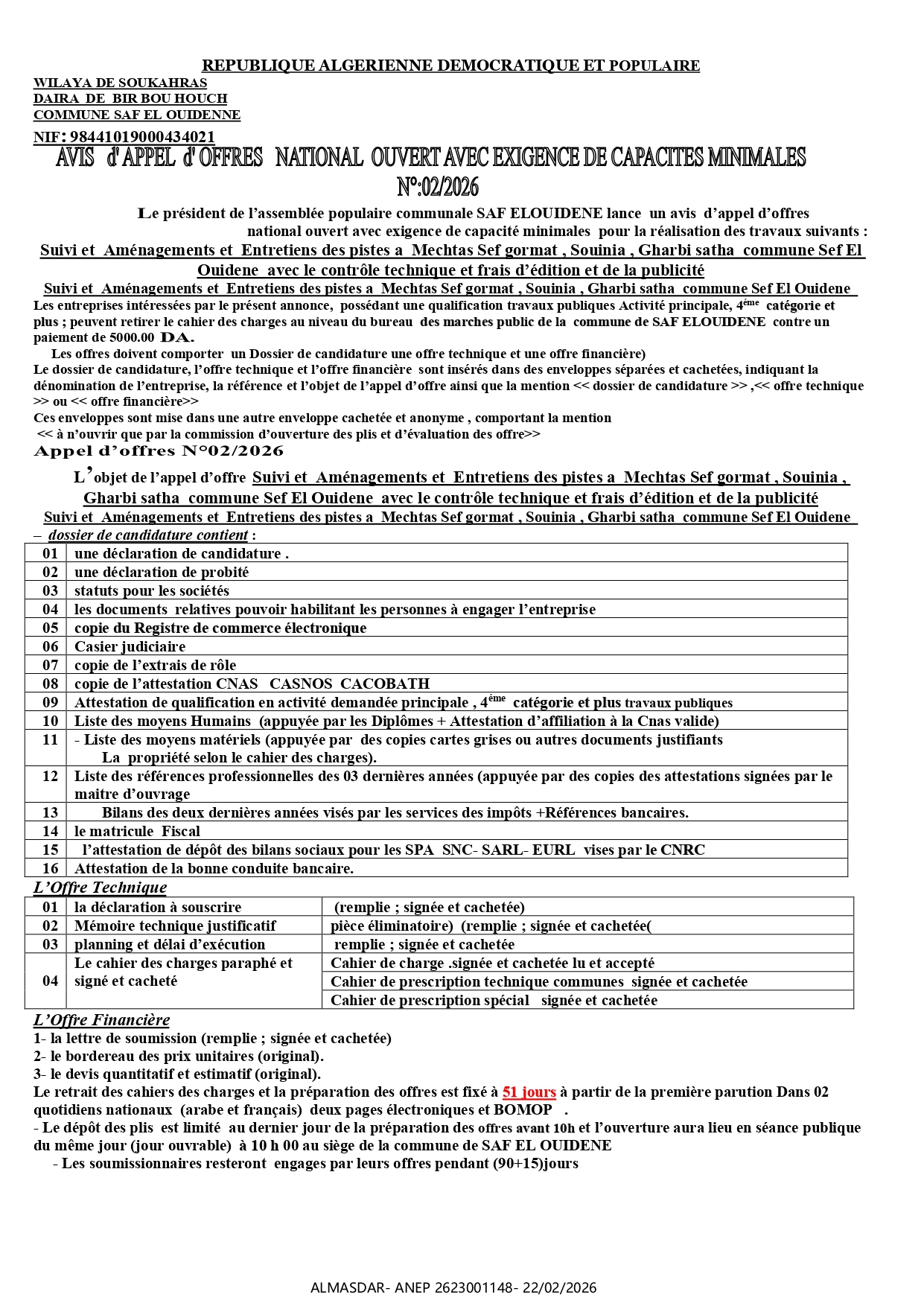 AVIS D'APPEL D'OFFRE NATIONAL OUVERT AVEC EXIGENCE DE CAPACITES MINIMALES N 02/2026
