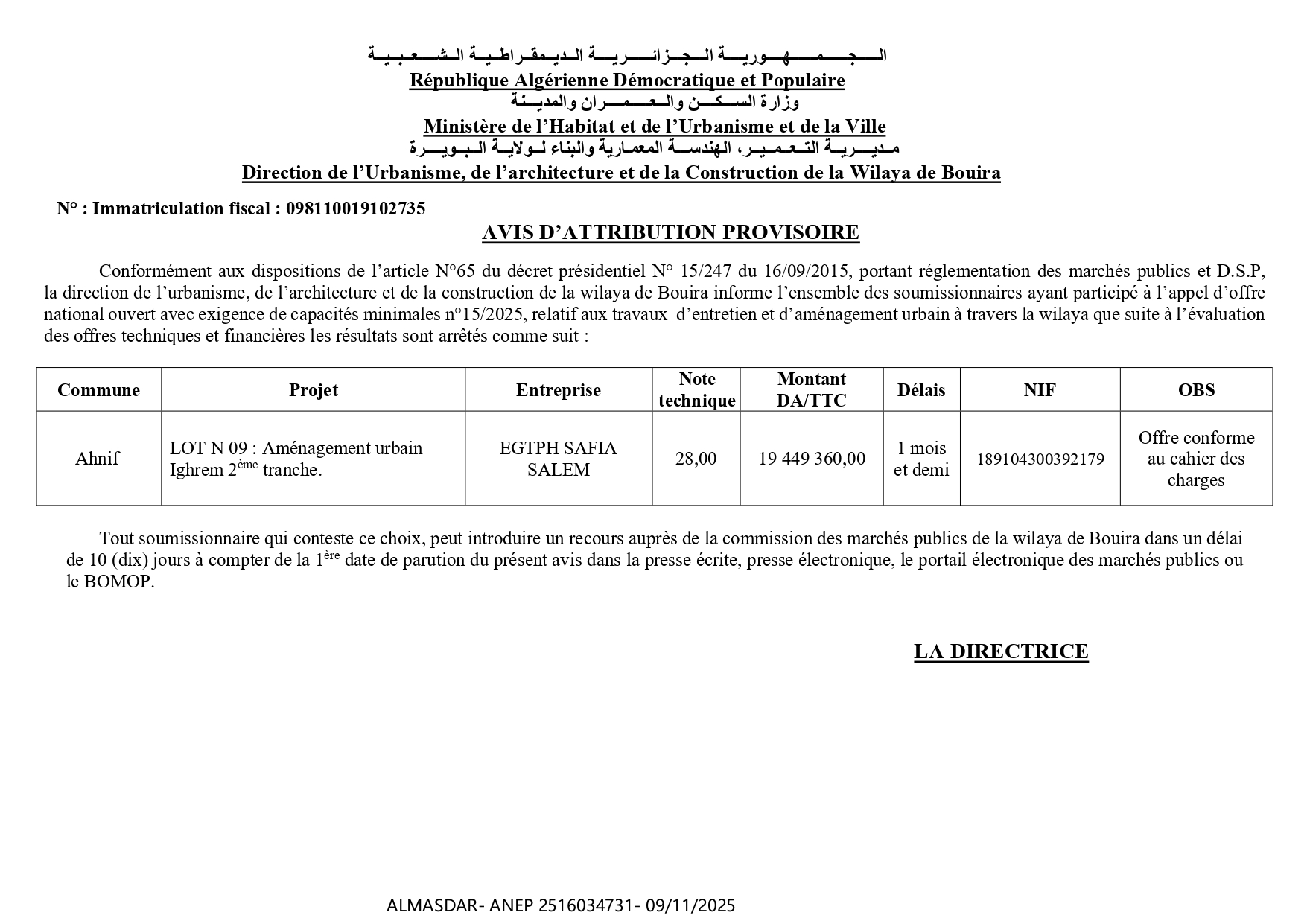 AVIS D’ATTRIBUTION PROVISOIRE 