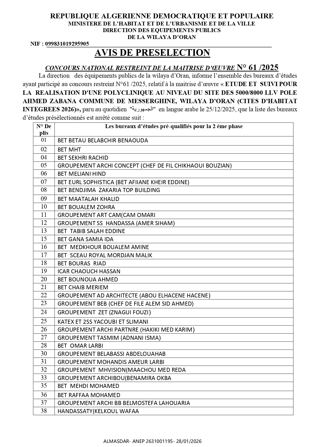 AVIS DE PRESELECTION  CONCOURS NATIONAL RESTREINT DE LA MAITRISE D’ŒUVRE N° 61 /2025
