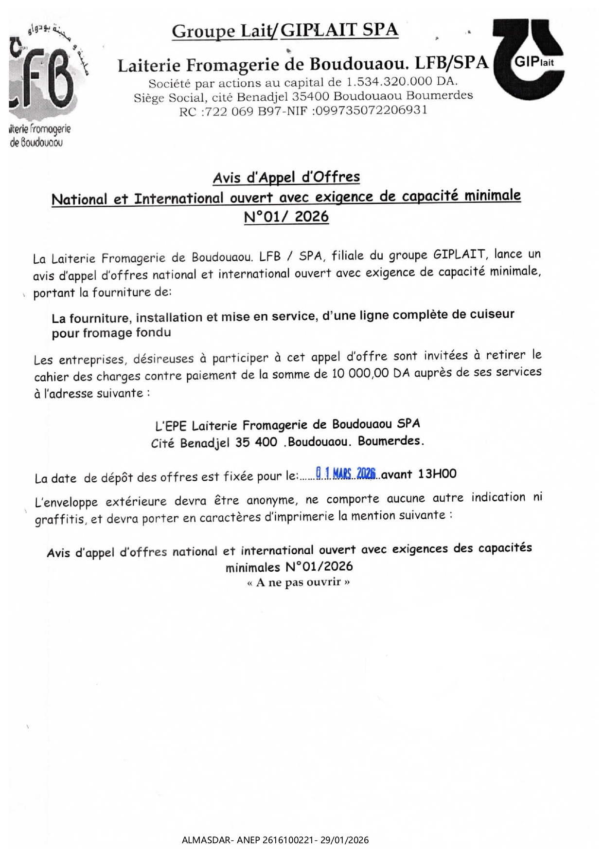  Avis d'Appel d'Offres National et lnternational ouvert avec exigence de capacité minimale N°01/ 2026