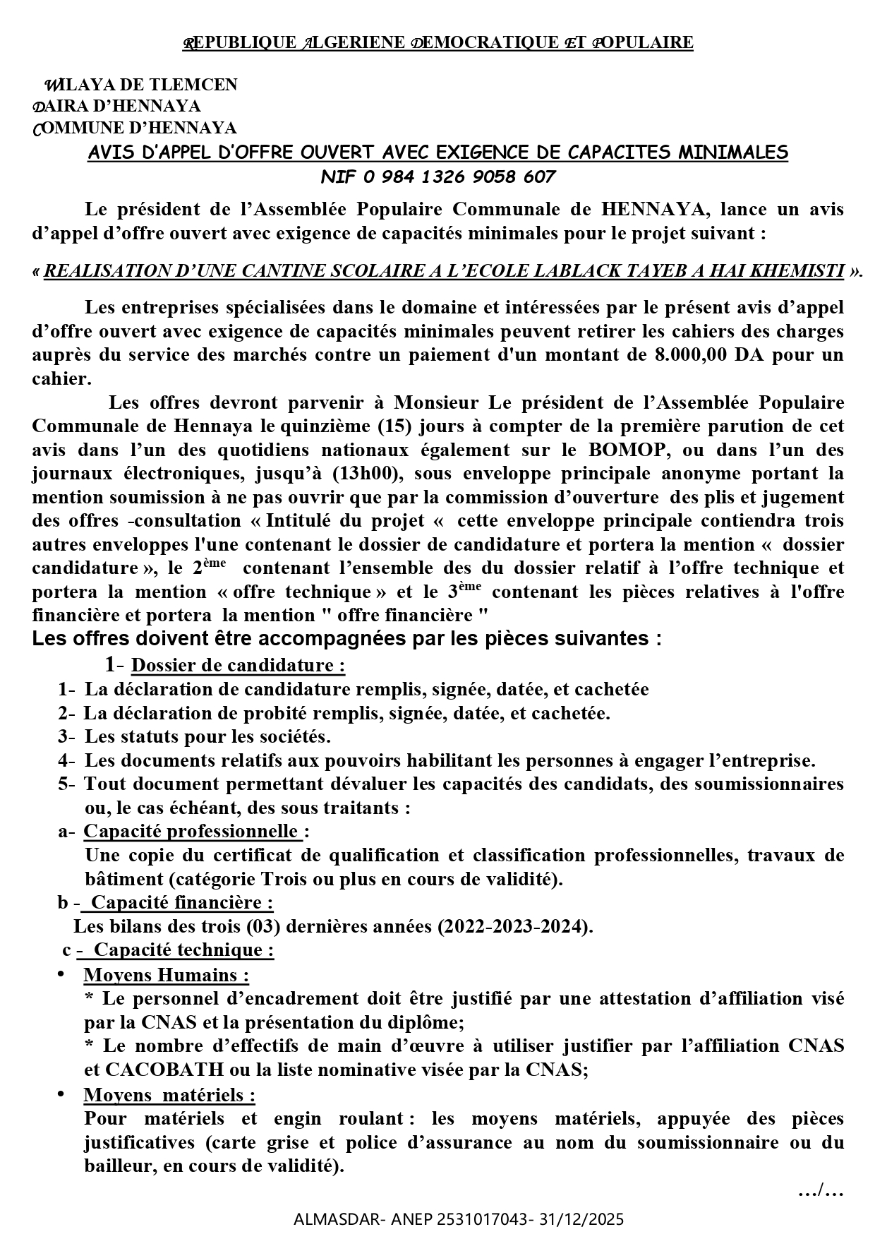 AVIS D’APPEL D’OFFRE OUVERT AVEC EXIGENCE DE CAPACITES MINIMALES
