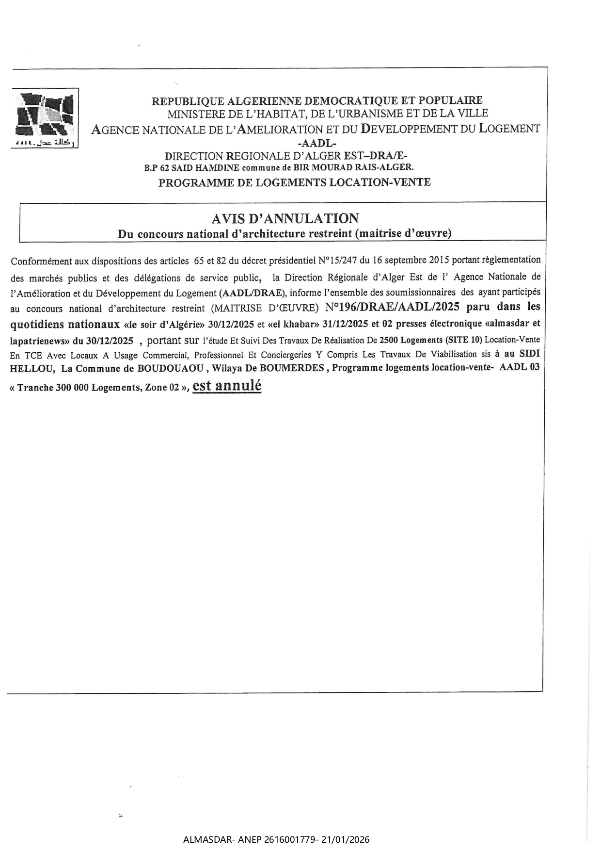 avis d'annulation du concours national d'architectures resstreint 