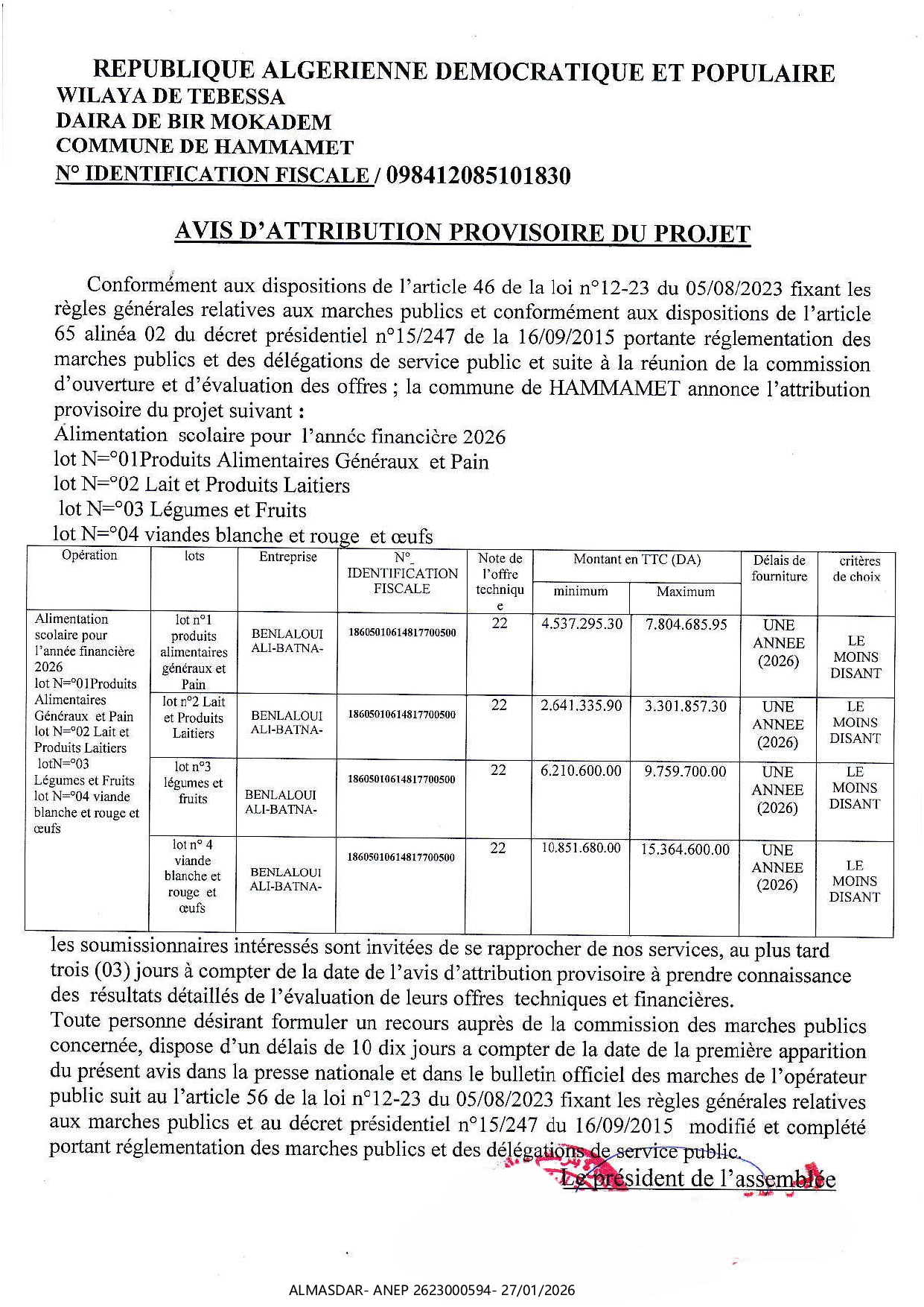 AVIS D'ATTRIBUTION PROVISOIRE DU PROJET */