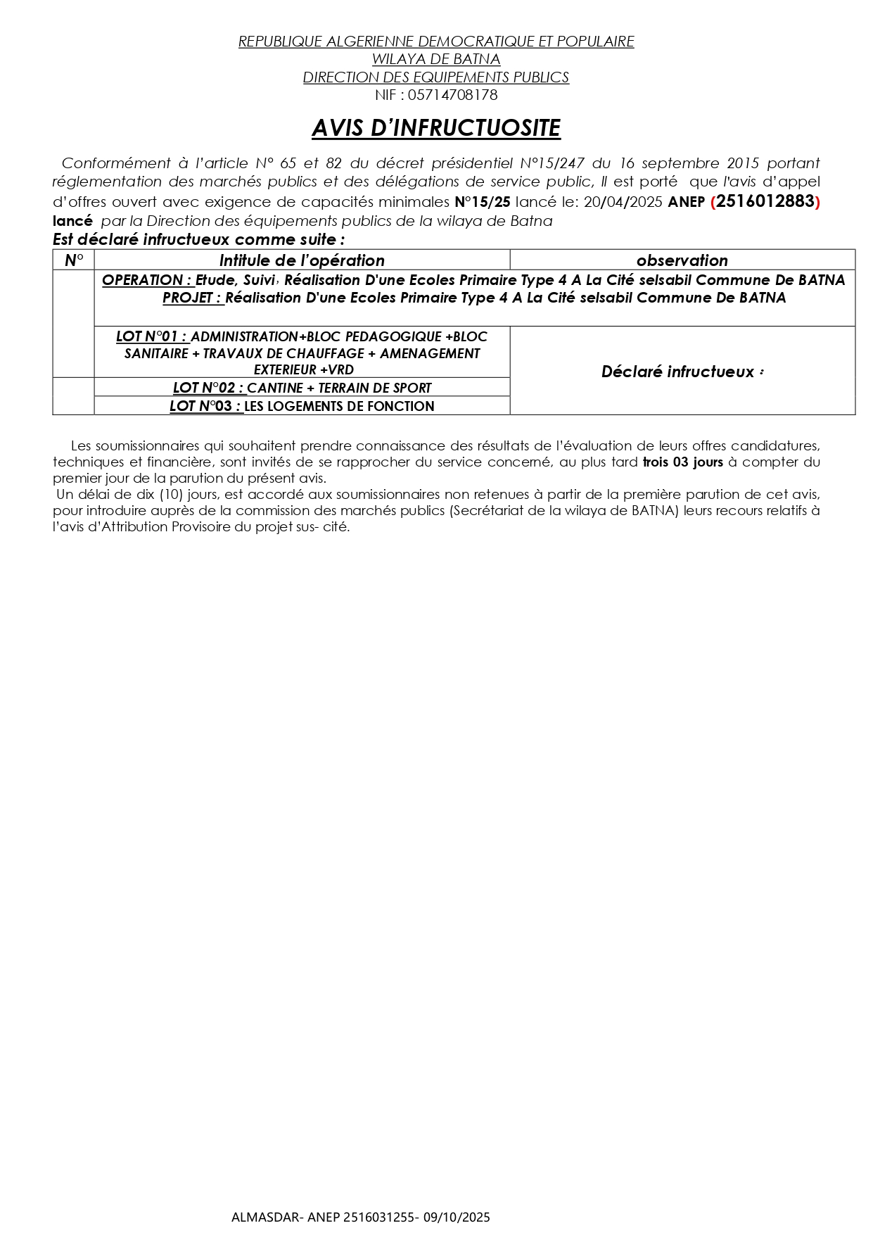 AVIS D’INFRUCTUOSITE